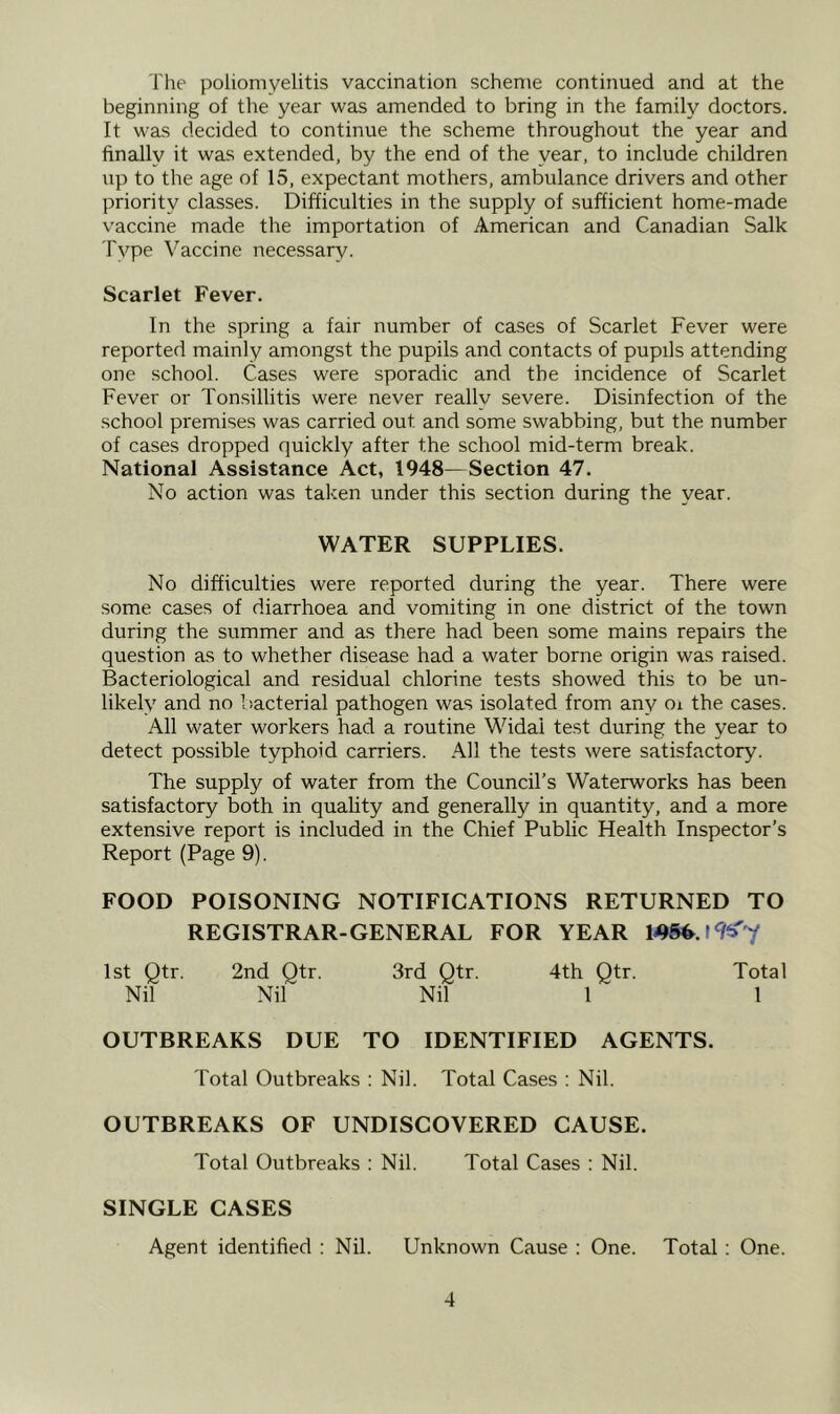 Tlie poliomyelitis vaccination scheme continued and at the beginning of the year was amended to bring in the family doctors. It was decided to continue the scheme throughout the year and finally it was extended, by the end of the year, to include children up to the age of 15, expectant mothers, ambulance drivers and other priority classes. Difficulties in the supply of sufficient home-made vaccine made the importation of American and Canadian Salk Type Vaccine necessary. Scarlet Fever. In the spring a fair number of cases of Scarlet Fever were reported mainly amongst the pupils and contacts of pupils attending one school. Cases were sporadic and the incidence of Scarlet Fever or Tonsillitis were never really severe. Disinfection of the school premises was carried out and some swabbing, but the number of cases dropped quickly after the school mid-term break. National Assistance Act, 1948—Section 47. No action was taken under this section during the year. WATER SUPPLIES. No difficulties were reported during the year. There were some cases of diarrhoea and vomiting in one district of the town during the summer and as there had been some mains repairs the question as to whether disease had a water borne origin was raised. Bacteriological and residual chlorine tests showed this to be un- likely and no bacterial pathogen was isolated from any oi the cases. All water workers had a routine Widal test during the year to detect possible typhoid carriers. All the tests were satisfactory. The supply of water from the Council’s Waterworks has been satisfactory both in quahty and generally in quantity, and a more extensive report is included in the Chief Public Health Inspector’s Report (Page 9). FOOD POISONING NOTIFICATIONS RETURNED TO REGISTRAR-GENERAL FOR YEAR 1st Qtr. 2nd Qtr. Nil Nil 3rd Qtr. Nil 4th Qtr. 1 Total 1 OUTBREAKS DUE TO IDENTIFIED AGENTS. Total Outbreaks : Nil. Total Cases : Nil. OUTBREAKS OF UNDISCOVERED CAUSE. Total Outbreaks : Nil. Total Cases : Nil. SINGLE CASES Agent identified : Nil. Unknown Cause : One. Total; One.