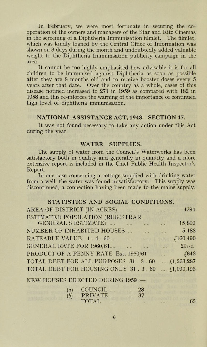 In February, we were most fortunate in securing the co- operation of the owners and managers of the Star and Ritz Cinemas in the screening of a Diphtheria Immunisation filmlet. The filmlet, which was kindly loaned by the Central Office of Information was shown on 3 days during the month and undoubtedly added valuable weight to the Diphtheria Immunisation publicity campaign in the area. It cannot be too highly emphasised how advisable it is for all children to be immunised against Diphtheria as soon as possible after they are 8 months old and to receive booster doses every 5 years after that date. Over the country as a whole, cases of this disease notified increased to 271 in 1959 as compared with 182 in 1958 and this re-inforces the warning of the importance of continued high level of diphtheria immunisation. NATIONAL ASSISTANCE ACT, 1948—SECTION 47. It was not found necessary to take any action under this Act during the year. WATER SUPPLIES. The supply of water from the Council’s Waterworks has been satisfactory both in quality and generally in quantity and a more extensive report is included in the Chief Public Health Inspector’s Report. In one case concerning a cottage supplied with drinking water from a well, the water was found unsatisfactory. This supply was discontinued, a connection having been made to the mains supply. STATISTICS AND SOCIAL CONDITIONS. AREA OF DISTRICT (IN ACRES) 4294 ESTIMATED POPULATION (REGISTRAR GENERAL’S ESTIMATE) 15,800 NUMBER OF INHABITED HOUSES 5,183 RATEABLE VALUE 1.4. 60 (;i60,490 GENERAL RATE FOR 1960,61 20/-d. PRODUCT OF A PENNY RATE Est. 1960/61 . . /643 TOTAL DEBT FOR ALL PURPOSES 31 . 3.60 /1,263,287 TOTAL DEBT FOR HOUSING ONLY 31 . 3.60 . il,090,196 NEW HOUSES ERECTED DURING 1959 (a) COUNCIL 28 (b) PRIVATE 37 TOTAL 65