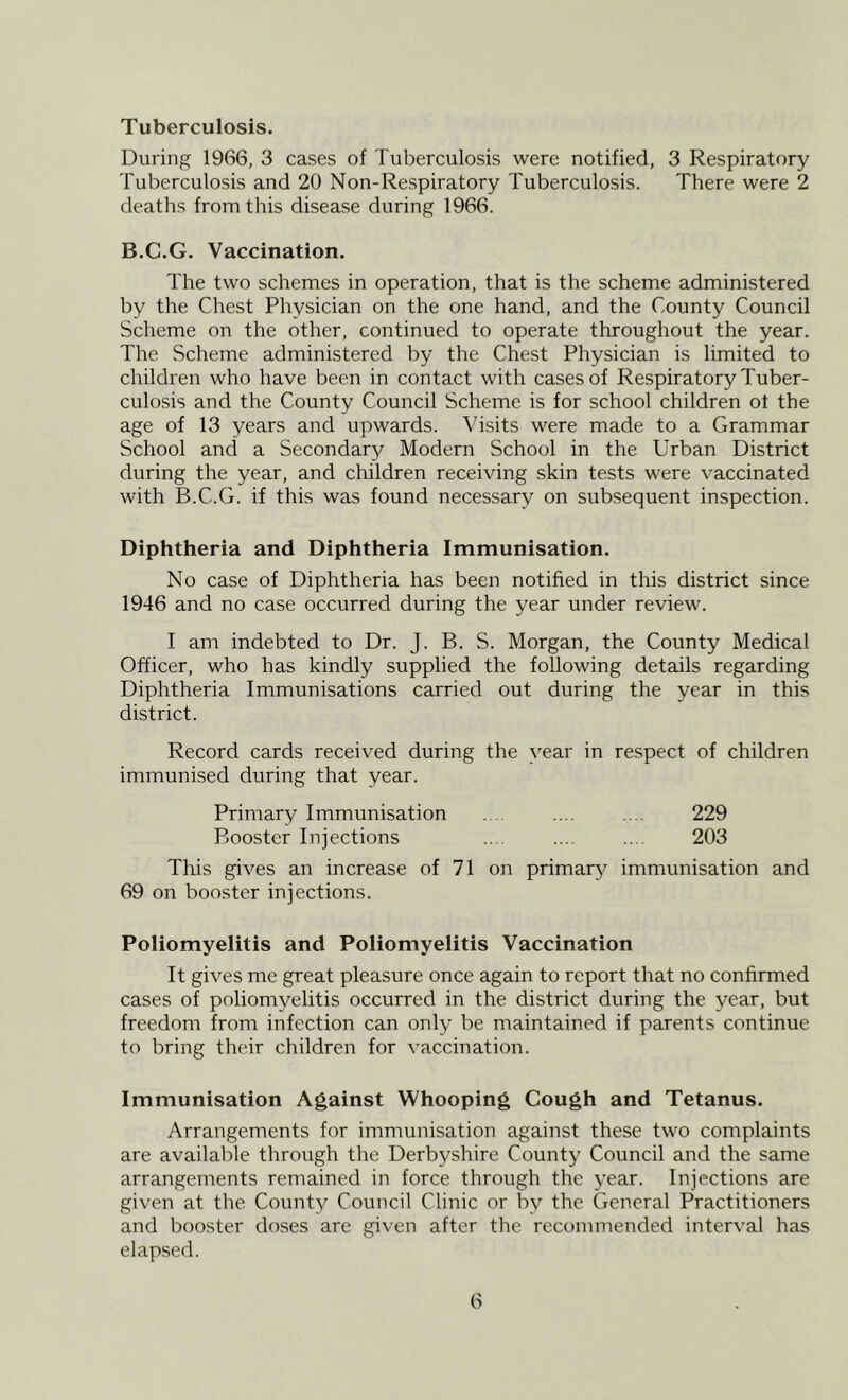 Tuberculosis. During 1966, 3 cases of Tuberculosis were notified, 3 Respiratory Tuberculosis and 20 Non-Respiratory Tuberculosis. There were 2 deaths from this disease during 1966. B.C.G. Vaccination. The two schemes in operation, that is the scheme administered by the Chest Physician on the one hand, and the County Council Scheme on the other, continued to operate throughout the year. The Scheme administered by the Chest Physician is limited to children who have been in contact with cases of Respiratory Tuber- culosis and the County Council Scheme is for school children of the age of 13 years and upwards. Visits were made to a Grammar School and a Secondary Modern School in the Urban District during the year, and children receiving skin tests were vaccinated with B.C.G. if this was found necessary on subsequent inspection. Diphtheria and Diphtheria Immunisation. No case of Diphtheria has been notified in this district since 1946 and no case occurred during the year under review. I am indebted to Dr. J. B. S. Morgan, the County Medical Officer, who has kindly supplied the following details regarding Diphtheria Immunisations carried out during the year in this district. Record cards received during the year in respect of children immunised during that year. Primary Immunisation . . .... .... 229 Booster Injections .. .... .... 203 This gives an increase of 71 on primar^^ immunisation and 69 on booster injections. Poliomyelitis and Poliomyelitis Vaccination It gives me great pleasure once again to report that no confirmed cases of poliomyelitis occurred in the district during the year, but freedom from infection can only be maintained if parents continue to bring their children for vaccination. Immunisation Against Whooping Cough and Tetanus. Arrangements for immunisation against these two complaints are available through the Derbyshire County Council and the same arrangements remained in force through the year. Injections are given at the County Council Clinic or by the General Practitioners and booster doses are given after the recommended interval has elapsed.