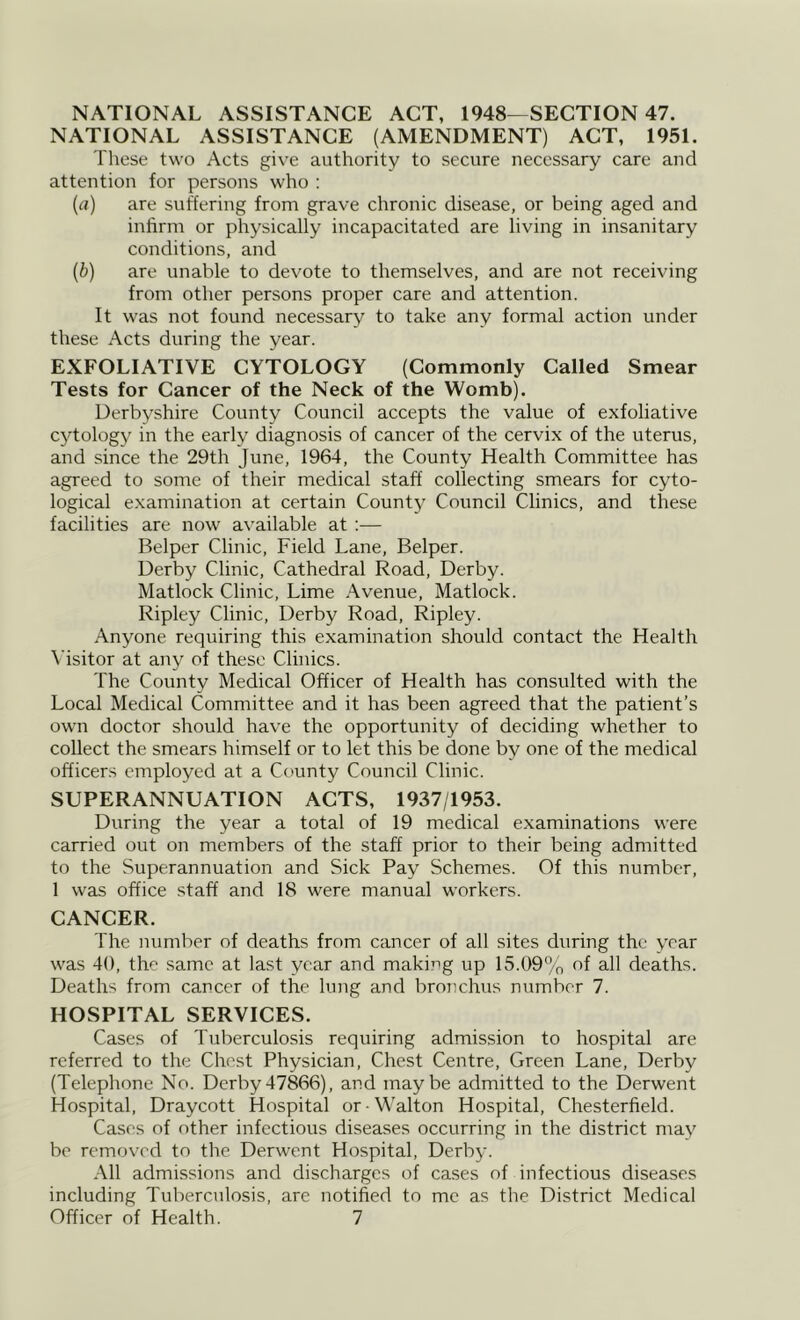 NATIONAL ASSISTANCE ACT, 1948—SECTION 47. NATIONAL ASSISTANCE (AMENDMENT) ACT, 1951. These two Acts give authority to secure necessary care and attention for persons who : (tf) are suffering from grave chronic disease, or being aged and infirm or physically incapacitated are living in insanitary conditions, and {b) are unable to devote to themselves, and are not receiving from other persons proper care and attention. It was not found necessary to take any formal action under these Acts during the year. EXFOLIATIVE CYTOLOGY (Commonly Called Smear Tests for Cancer of the Neck of the Womb). Derbyshire County Council accepts the value of exfoliative cytology in the early diagnosis of cancer of the cervix of the uterus, and since the 29th June, 1964, the County Health Committee has agreed to some of their medical staff collecting smears for cyto- logical examination at certain Count}' Council Clinics, and these facilities are now available at ;— Helper Clinic, Field Lane, Helper. Derby Clinic, Cathedral Road, Derby. Matlock Clinic, Lime Avenue, Matlock. Ripley Clinic, Derby Road, Ripley. Anyone requiring this examination should contact the Health Visitor at any of these Clinics. The County Medical Officer of Health has consulted with the Local Medical Committee and it has been agreed that the patient’s own doctor should have the opportunity of deciding whether to collect the smears himself or to let this be done by one of the medical officers employed at a County Council Clinic. SUPERANNUATION ACTS, 1937/1953. During the year a total of 19 medical examinations were carried out on members of the staff prior to their being admitted to the Superannuation and Sick Pay Schemes. Of this number, 1 was office staff and 18 were manual workers. CANCER. The number of deaths from cancer of all sites during the year was 40, the same at last year and making up 15.09% of all deaths. Deaths from cancer of the lung and bronchus number 7. HOSPITAL SERVICES. Cases of Tuberculosis requiring admission to hospital are referred to the Chest Physician, Chest Centre, Green Lane, Derby (Telephone No. Derby47866), and maybe admitted to the Derwent Hospital, Draycott Hospital or Walton Hospital, Chesterfield. Cases of other infectious diseases occurring in the district may be removed to the Derwent Hospital, Derby. All admissions and discharges of cases of infectious diseases including Tuberculosis, are notified to me as the District Medical