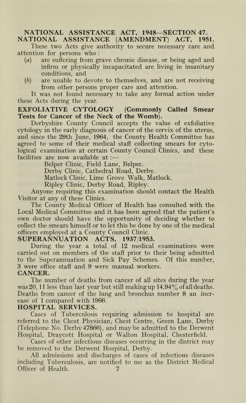 NATIONAL ASSISTANCE ACT, 1948—SECTION 47. NATIONAL ASSISTANCE (AMENDMENT) ACT, 1951. These two x\cts give authority to secure necessary care and attention for persons who : {a) are suffering from grave chronic disease, or being aged and infirm or physically incapacitated are living in insanitary conditions, and {b) are unable to devote to themselves, and are not receiving from other persons proper care and attention. It was not found necessary to take any formal action under these Acts during the year. EXFOLIATIVE CYTOLOGY (Commonly Called Smear Tests for Cancer of the Neck of the Womb). Derbyshire County Council accepts the value of exfoliative cytology in the early diagnosis of cancer of the cervix of the uterus, and since the 29th June, 1964, the County Health Committee has agreed to some of their medical staff collecting smears for cyto- logical examination at certain County Council Clinics, and these facilities are now available at:— Helper Clinic, Field Lane, Helper. Derby Clinic, Cathedral Road, Derby. Matlock Clinic, Lime Grove Walk, Matlock. Ripley Clinic, Derby Road, Ripley. Anyone requiring this examination should contact the Health V’isitor at any of these Clinics. The County Medical Officer of Health has consulted with the Local Medical Committee and it has been agreed that the patient’s own doctor should have the opportunity of deciding whether to collect the smears himself or to let this be done by one of the medical officers employed at a County Council Clinic. SUPERANNUATION ACTS, 1937/1953. During the year a total of 12 medical examinations were carried out on members of the staff prior to their being admitted to the Superannuation and Sick Pay Schemes. Of this number, 3 were office staff and 9 were manual workers. CANCER. The number of deaths from cancer of all sites during the year was 20,11 less than last year but still making up 14.94% of all deaths. Deaths from cancer of the lung and bronchus number 8 an incr- ease of 1 compared with 1966. HOSPITAL SERVICES. Cases of Tuberculosis requiring admission to hospital are referred to the Chest Physician; Chest Centre, Green Lane, Derby (Telephone No. Derby47866), and maybe admitted to the Derwent Hospital, Draycott Hospital or Walton Hospital, Chesterfield. Cases of other infectious diseases occurring in the district may be removed to the Derwent Hospital, Derby. All admissions and discharges of cases of infectious diseases including Tuberculosis, are notified to me as the District Medical