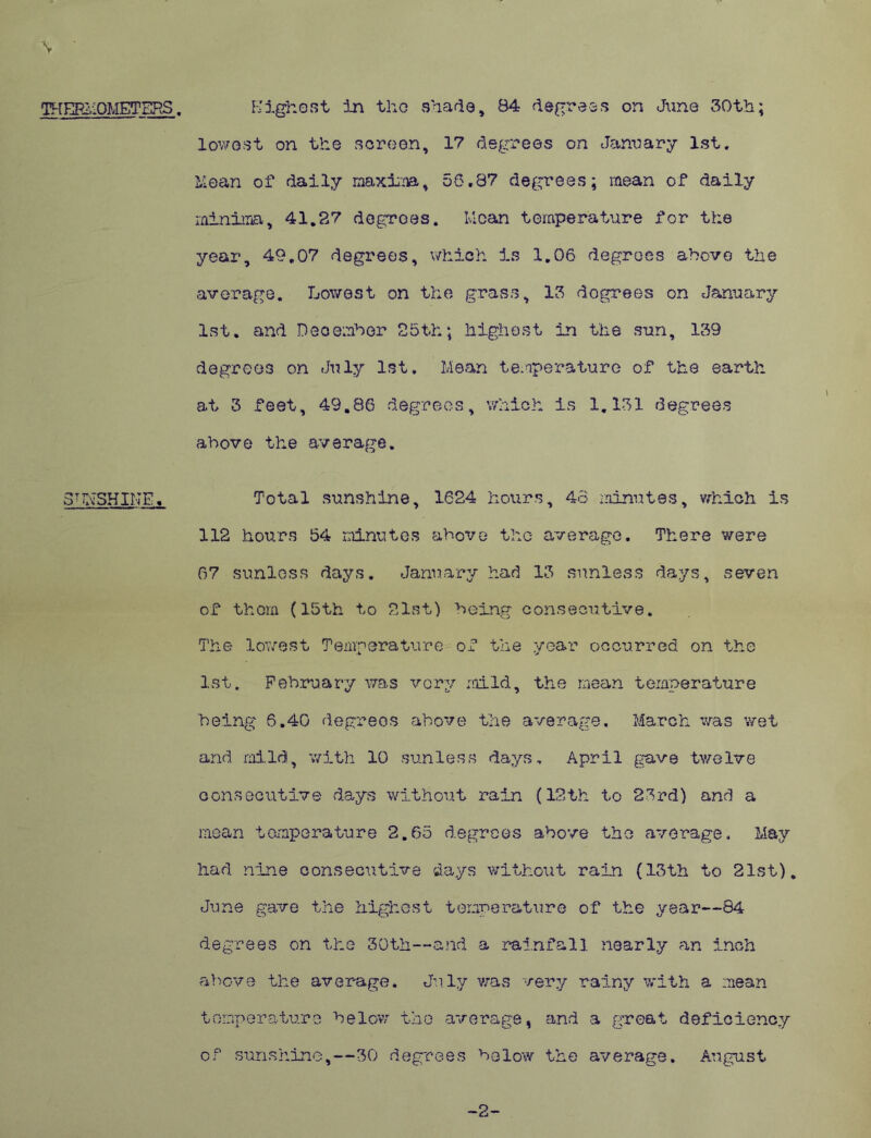 V THERMOMETERS. Highest in tlio shade, 84 degrees on June 30th; lowest on the screen, 17 degrees on January 1st. Mean of daily maxima, 56.87 degrees; mean of daily minima, 41.27 degrees. Mean temperature for the year, 49.07 degrees, which is 1.06 degrees above the average. Lowest on the grass, 13 degrees on January 1st. and December 25th; highest in the sun, 139 degrees on July 1st. Mean temperature of the earth at 3 feet, 49,86 degrees, which is 1.131 degrees above the average. 3TrjSHINE. Total sunshine, 1624 hours, 48 minutes, which is 112 hours 54 minutes above the average. There were 67 sunless days. January had 13 sunless days, seven of them (15th to 21st) being consecutive. The lowest Temperature of the year occurred on the 1st. February was very mild, the mean temperature being 6.40 degrees above the average. March was wet and mildl, with 10 sunless days, April gave twelve consecutive days without rain (12th to 23rd) and a mean temperature 2.65 degrees above the average. May had nine consecutive days without rain (13th to 21st). June gave the highest temperature of the year—84 degrees on the 30th—and a rainfall nearly an inch above the average. July was very rainy with a mean temperature below the average, and a great deficiency of sunshine,—30 degrees below the average. August -2-