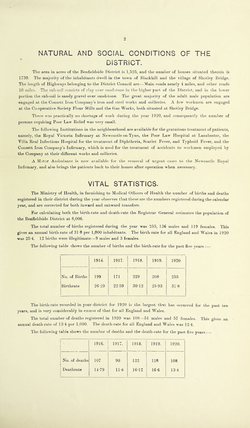 2 NATURAL AND SOCIAL CONDITIONS OF THE DISTRICT. The area in acres of the Benfieldside District is 1,525, and the number of houses situated therein is 1730. The majority of the inhabitants dwell in the town of Blackliill and the village of Shotley Bridge. The length of Highways belonging to the District Council are—Main roads nearly 4 miles, and other roads 10 miles. The sub-soil consists of clay over sandstone in the higher part of the District, and in the lower portion the sub-soil is sandy gravel over sandstone. The great majority of the adult male population are engaged at the Consett Iron Company’s iron and steel works and collieries. A few workmen are engaged at the Co-operative Society Flour Mills and the Gas Works, both situated at Shotley Bridge. There was practically no shortage of work during the year 1920, and consequently the number of persons requiring Poor Law Relief was very small. The following Institutions in the neighbourhood are available for the gratuitous treatment of patients, namely, the Royal Victoria Infirmary at Newcastle on-Tyne, the Poor Law Hospital at Lanchester, the Villa Real Infectious Hospital for the treatment of Diphtheria, Scarlet Fever, and Typhoid Fever, and the Consett Iron Company’s Infirmary, which is used for the treatment of accidents to workmen employed by the Company at their different works and collieries. A Motor Ambulance is now available for the removal of urgent cases to the Newcastle Royal Infirmary, and also brings the patients back to their homes after operation when necessary. VITAL STATISTICS. The Ministry of Health, in furnishing to Medical Officers of Health the number of births and deaths registered in their district during the year observes that these are the numbers registered during the calendar year, and are corrected for both inward and outward transfers. For calculating both the birth-rate and death-rate the Registrar General estimates the population of the Benfieldside District at 8,006. The total number of births registered during the year was 255, 136 males and 119 females. This gives an annual birth-rate of 31'8 per 1,000 inhabitants. The birth-rate for all England and Wales in 1920 was 25’4. 12 births were illegitimate—9 males and 3 females. The following table shows the number of births and the birth-rate for the past five years 1916. 1917. 1918. 1919. 1920 No. of Births 199 171 229 208 255 Birthrate 26-29 22-59 30-12 25-93 31-8 The birth-rate recorded in your district for 1920 is the largest that has occurred for the past ten years, and is very considerably in excess of that for all England and Wales. The total number of deaths registered in 1920 was 108—51 males and 57 females. This gives an annual death-rate of 13 4 per 1,000. The death-rate for all England and Wales was 12-4. The following table shows the number of deaths and the death-rate for the past five years : 1916. 1917. 1918. 1919. 1920. No. of deaths 107 90 122 128 108 Deathrate 14-79 11-6 16-12 16-6 13-4