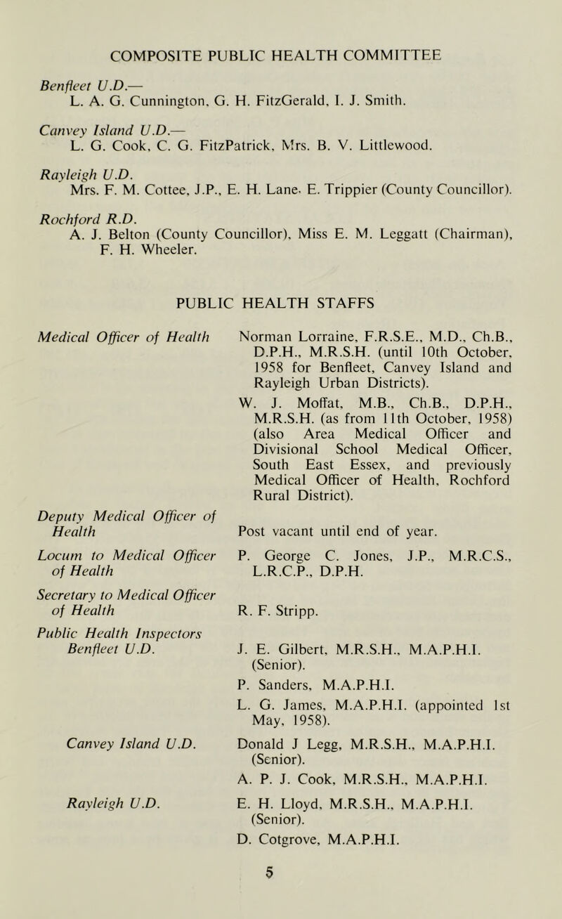 COMPOSITE PUBLIC HEALTH COMMITTEE Ben fleet U.D.— L. A. G. Cunnington, G. H. FitzGerald, 1. J. Smith. Convey Island U.D.— L. G. Cook, C. G. FitzPatrick, Mrs. B. V. Littlewood. Rayleigh U.D. Mrs. F. M. Cottee, J.P., E. H. Lane. E. Trippier (County Councillor). Rockford R.D. A. J. Belton (County Councillor), Miss E. M. Leggatt (Chairman), F. H. Wheeler. PUBLIC HEALTH STAFFS Medical Officer of Health Deputy Medical Officer of Health Locum to Medical Officer of Health Secretary to Medical Officer of Health Public Health Inspectors Benfleet U.D. Convey Island U.D. Norman Lorraine, F.R.S.E., M.D., Ch.B., D.P.H., M.R.S.H. (until 10th October, 1958 for Benfleet, Canvey Island and Rayleigh Urban Districts). W. J. Moffat, M.B., Ch.B., D.P.H., M.R.S.H. (as from llth October, 1958) (also Area Medical Officer and Divisional School Medical Officer, South East Essex, and previously Medical Officer of Health, Rochford Rural District). Post vacant until end of year. P. George C. Jones, J.P., M.R.C.S., L.R.C.P., D.P.H. R. F. Stripp. J. E. Gilbert, M.R.S.H., M.A.P.H.I. (Senior). P. Sanders, M.A.P.H.I. L. G. James, M.A.P.H.I. (appointed 1st May, 1958). Donald J Legg, M.R.S.H., M.A.P.H.I. (Senior). A. P. J. Cook, M.R.S.H., M.A.P.H.I. Rayleigh U.D. E. H. Lloyd, M.R.S.H., M.A.P.H.I. (Senior). D. Cotgrove, M.A.P.H.I.