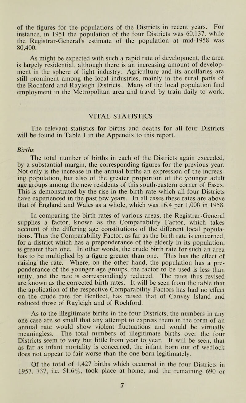 of the figures for the populations of the Districts in recent years. For instance, in 1951 the population of the four Districts was 60,137, while the Registrar-General’s estimate of the population at mid-1958 was 80,400. As might be expected with such a rapid rate of development, the area is largely residential, although there is an increasing amount of develop- ment in the sphere of light industry. Agriculture and its ancillaries are still prominent among the local industries, mainly in the rural parts of the Rochford and Rayleigh Districts. Many of the local population find employment in the Metropolitan area and travel by train daily to work. VITAL STATISTICS The relevant statistics for births and deaths for all four Districts will be found in Table 1 in the Appendix to this report. Births The total number of births in each of the Districts again exceeded, by a substantial margin, the corresponding figures for the previous year. Not only is the increase in the annual births an expression of the increas- ing population, but also of the greater proportion of the younger adult age groups among the new residents of this south-eastern corner of Essex. This is demonstrated by the rise in the birth rate which all four Districts have experienced in the past few years. In all cases these rates are above that of England and Wales as a whole, which was 16.4 per 1,00C in 1958. In comparing the birth rates of various areas, the Registrar-General supplies a factor, known as the Comparability Factor, which takes account of the differing age constitutions of the different local popula- tions. Thus the Comparability Factor, as far as the birth rate is concerned, for a district which has a preponderance of the elderly in its population, is greater than one. In other words, the crude birth rate for such an area has to be multiplied by a figure greater than one. This has the effect of raising the rate. Where, on the other hand, the population has a pre- ponderance of the younger age groups, the factor to be used is less than unity, and the rate is correspondingly reduced. The rates thus revised are known as the corrected birth rates. It will be seen from the table that the application of the respective Comparability Factors has had no effect on the crude rate for Benfleet, has raised that of Canvey Island and reduced those of Rayleigh and of Rochford. As to the illegitimate births in the four Districts, the numbers in any one case are so small that any attempt to express them in the form of an annual rate would show violent fluctuations and would be virtually meaningless. The total numbers of illegitimate births over the four Districts seem to vary but little from year to year. It will be seen, that as far as infant mortality is concerned, the infant born out of wedlock does not appear to fair worse than the one born legitimately. Of the total of 1,427 births which occurred in the four Districts in 1957, 737, i.e. 51.6%, took place at home, and the remaining 690 or