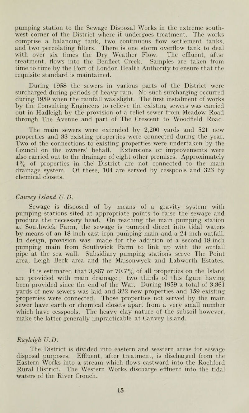 pumping station to the Sewage Disposal Works in the extreme south- west corner of the District where it undergoes treatment. The works comprise a balancing tank, two continuous flow settlement tanks, and two percolating filters. There is one storm overflow tank to deal with over six times the Dry Weather Flow. The effluent, aftsr treatment, flows into the Henfleet Creek. Samj)les are taken from time to time by the Port of London Health Authority to ensure that the requisite standard is maintained. During 1958 the sewers in various parts of the District were surcharged during periods of heavy rain. No such surcharging occurred during 1959 when the rainfall was slight. The first instalment of works by the Consulting Engineers to relieve the existing sewers was carried out in Hadleigh by the provision of a relief sewer from Meadow Road through The Avenue and part of The Crescent to Woodfield Road. The main sewers were e.xtended by 2,200 yards and 521 new properties and 33 e.xisting properties were connected during the year. Two of the connections to existing properties were undertaken by the Council on the owners’ behalf. Extensions or improvements were also carried out to the drainage of eight other premises. Approximately 4% of properties in the District are not connected to the main drainage system. Of these, 104 are served by cesspools and 323 by chemical closets. Canvey Island U.D. Sewage is disposed of by means of a gravity system with pumping stations sited at appropriate points to raise the sewage and produce the necessary head. On reaching the main pumping station at Southwick Earm, the sewage is pumped direct into tidal waters by means of an 18 inch cast iron pumping main and a 24 inch outfall. In design, provision was made for the addition of a second 18 inch pumping main from Southwick Farm to link up with the outfall pipe at the sea wall. Subsidiary pumping stations serve The Point area, Leigh Beck area and the Maisonwyck and Labworth Estates. It is estimated that 3,867 or 70.7% of all properties on the Island are provided with main drainage ; two thirds of this figure having been provided since the end of the War. During 1959 a total of 3,361 yards of new sewers was laid and 322 new properties and 159 existing properties were connected. Those properties not served by the main sewer have earth or chemical closets apart from a very small number which have cesspools. The heavy clay nature of the subsoil however, make the latter generally impracticable at Canvey Island. Rayleigh U.D. The District is divided into eastern and western areas for sewage disposal purposes. Effluent, after treatment, is discharged from the Eastern Works into a stream which flows eastward into the Rochford Rural District. The Western Works discharge effluent into the tidal waters of the River Crouch.