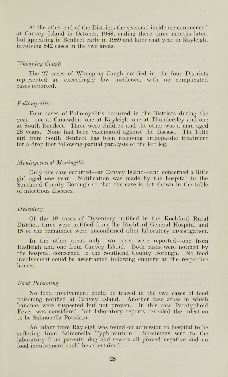 At the other end of the Districts tlie seasonal incidence commenced at Canve}' Island in October, 1958, ending tliere tliree montlis later, but appearing in Benfleet early in 1959 and later that year in Rayleigh, involving 542 cases in the two areas. Whooping Cough The 27 cases of Whooping Cough notified in the four Districts represented an exceedingly low incidence, with no complicated cases reported. Poliomyelitis Four cases of Poliomyelitis occurred in the Districts during the year—one at Canewdon, one at Rayleigh, one at Thundersley and one at South Benfleet. Three were children and the other was a man aged 28 years. None had been vaccinated against the disease. The little girl from South Benfleet has been receiving orthopaedic treatment for a drop foot following partial paralysis of the left leg. \Ieningococcal Meningitis Only one case occurred—at Canvey Island—and concerned a little girl aged one year. Notification was made by the hospital to the Southend County Borough so that the case is not shown in the table of infectious diseases. Dysentery Of the 19 cases of Dysentery notified in the Rochford Rural District, three were notified from the Rochford Oeneral Hospital and 15 of the remainder were unconfirmed after laboratory investigation. In the other areas only two cases were reported—one from Hadleigh and one from Canvey Island. Both cases were notified by the hospital concerned to the Southend County Borough. No food involvement could be ascertained following encpiiry at the respective homes. Food Poisoning No food involvement could be traced in the two cases of food poisoning notified at Canvey Island. Another case arose in which bananas were suspected but not proven. In this case Paratyphoid Fever was considered, but laboratory reports revealed the infection to be Salmonella Potsdam. An infant from Rayleigh was found on admission to hospital to be suffering from Salmonella Typhimurium. Specimens sent to the laboratory from parents, dog and sewers all proved negative and no food involvement could be ascertained.