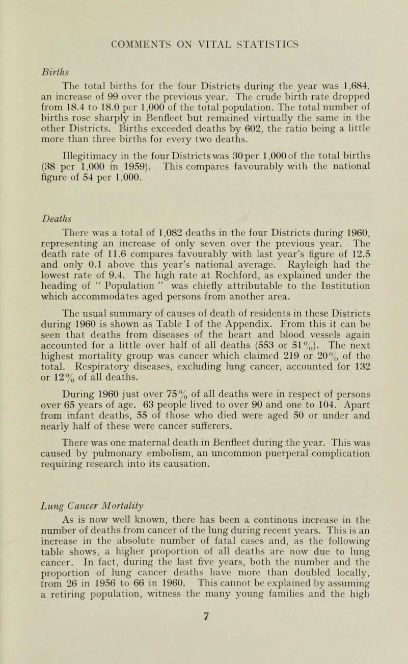 COMMENTS ON VITAL STA ITSTICS Births The total births for the four Districts during tlic year was 1,684, an increase of 99 over the previous year. Tlie crude birth rate dropped from 18.4 to 18.0 per 1,000 of the total popidation. The total number of births rose sharply in Benflcct but remained virtually the same in the other Districts. Births exceeded deaths by 602, the ratio being a little more than three births for every two deaths. Illegitimacy in the four Districts was 30 per 1,000 of the total births (38 per 1,000 in 1959). This compares favourably with the national figure of 54 per 1,000. Deaths There was a total of 1,082 deaths in the four Districts during 1960, representing an increase of only seven over the previous year. The death rate of 11.6 compares favourably with last year’s figure of 12.5 and only 0.1 above this year’s national average. Rayleigh had the lowest rate of 9.4. The high rate at Rochford, as explained under the heading of “ Population ” was chiefly attributable to the Institution which accommodates aged persons from another area. The usual summary of causes of death of residents in these Districts during 1960 is shown as Table I of the Appendix. From this it can be seen that deaths from diseases of the heart and blood vessels again accounted for a little over half of all deaths (553 or 51%). The next highest mortality group was cancer which claimed 219 or 20'’o of the total. Respiratory diseases, excluding lung cancer, accounted for 132 or 12% of all deaths. During 1960 just over 75% of all deaths were in respect of persons over 65 years of age. 63 people lived to over 90 and one to 104. Apart from infant deaths, 55 of those who died were aged 50 or under and nearly half of these were cancer sufferers. There was one maternal death in Benfleet during the year. This was caused by pulmonary embolism, an uncommon puerperal complication requiring research into its causation. Lung Cancer Mortality As is now well known, there has been a continous increase in the number of deaths from cancer of the lung during recent years. This is an increase in the absolute number of fatal cases and, as the following table shows, a higher proportion of all deaths are now due to lung cancer. In fact, during the last five years, both the number and the proportion of lung cancer deaths have more than doubled locally, from 26 in 1956 to 66 in 1960. This cannot be explained by assuming a retiring population, witness the many young families and the high