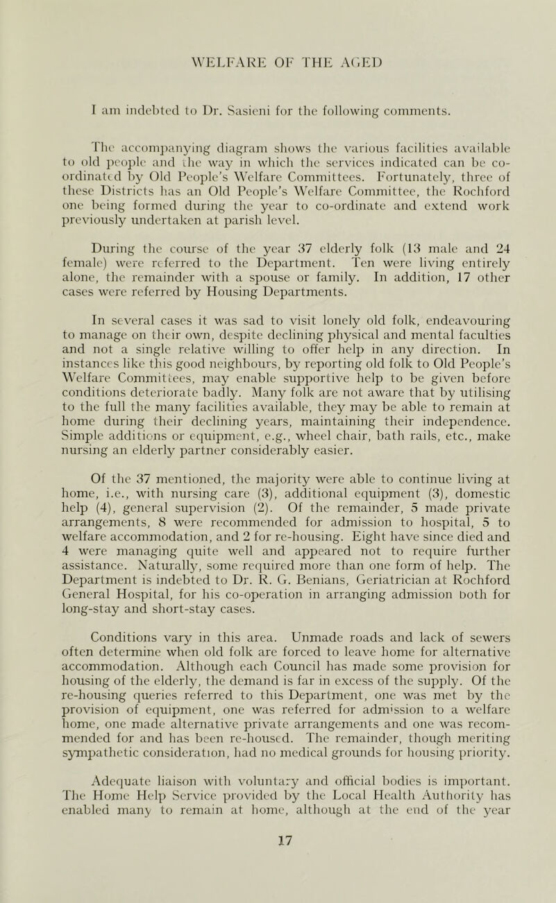 WliLI-ARl-: 01' TH]-: AC.El) I am indebted to Dr. Sasieni for the following comments. Till' aceompanying diagram shows the various facilities available to old jieople and ihe way in which the services indicated can be co- ordinatid by Old People’s Welfare Committees. Fortunately, three of these Districts has an Old People’s Welfare Committee, the Rochford one being formed during the year to co-ordinate and extend work previously undertaken at parish level. During the course of the year 37 elderly folk (13 male and 24 female) were referred to the Department. Ten were living entirely alone, the remainder with a spouse or family. In addition, 17 other cases were referred by Housing Departments. In several cases it was sad to visit lonely old folk, endeavouring to manage on their own, despite declining physical and mental faculties and not a single relative willing to offer help in any direction. In instances like this good neighbours, by reporting old folk to Old People’s Welfare Committees, may enable supportive help to be given before conditions deteriorate badly. Many folk are not aware that by utilising to the full the many facilities available, they may be able to remain at home during their declining years, maintaining their independence. Simple additions or equipment, e.g., wheel chair, bath rails, etc., make nursing an elderly partner considerably easier. Of the 37 mentioned, the majority were able to continue living at home, i.e., with nursing care (3), additional equipment (3), domestic help (4), general supervision (2). Of the remainder, 5 made private arrangements, 8 were recommended for admission to hospital, 5 to welfare accommodation, and 2 for re-housing. Eight have since died and 4 were managing quite well and appeared not to require further assistance. Naturally, some required moi'e than one form of help. The Department is indebted to Dr. R. G. Benians, Geriatrician at Rochford General Hospital, for his co-operation in arranging admission both for long-stay and short-stay cases. Conditions vary in this area. Unmade roads and lack of sewers often determine when old folk are forced to leave home for alternative accommodation. Although each Council has made some provision for housing of the elderly, the demand is far in excess of the supply. Of the re-housing queries referred to this Department, one was met by the provision of equipment, one was referred for admission to a welfare home, one made alternative private arrangements and one was recom- mended for and has been re-housed. The remainder, though meriting sympathetic consideration, had no medical grounds for housing priority. Adequate liaison with voluntary and official bodies is important. The Home Help Service provided by the Local Health Authority has enabled many to remain at home, although at the end of the year