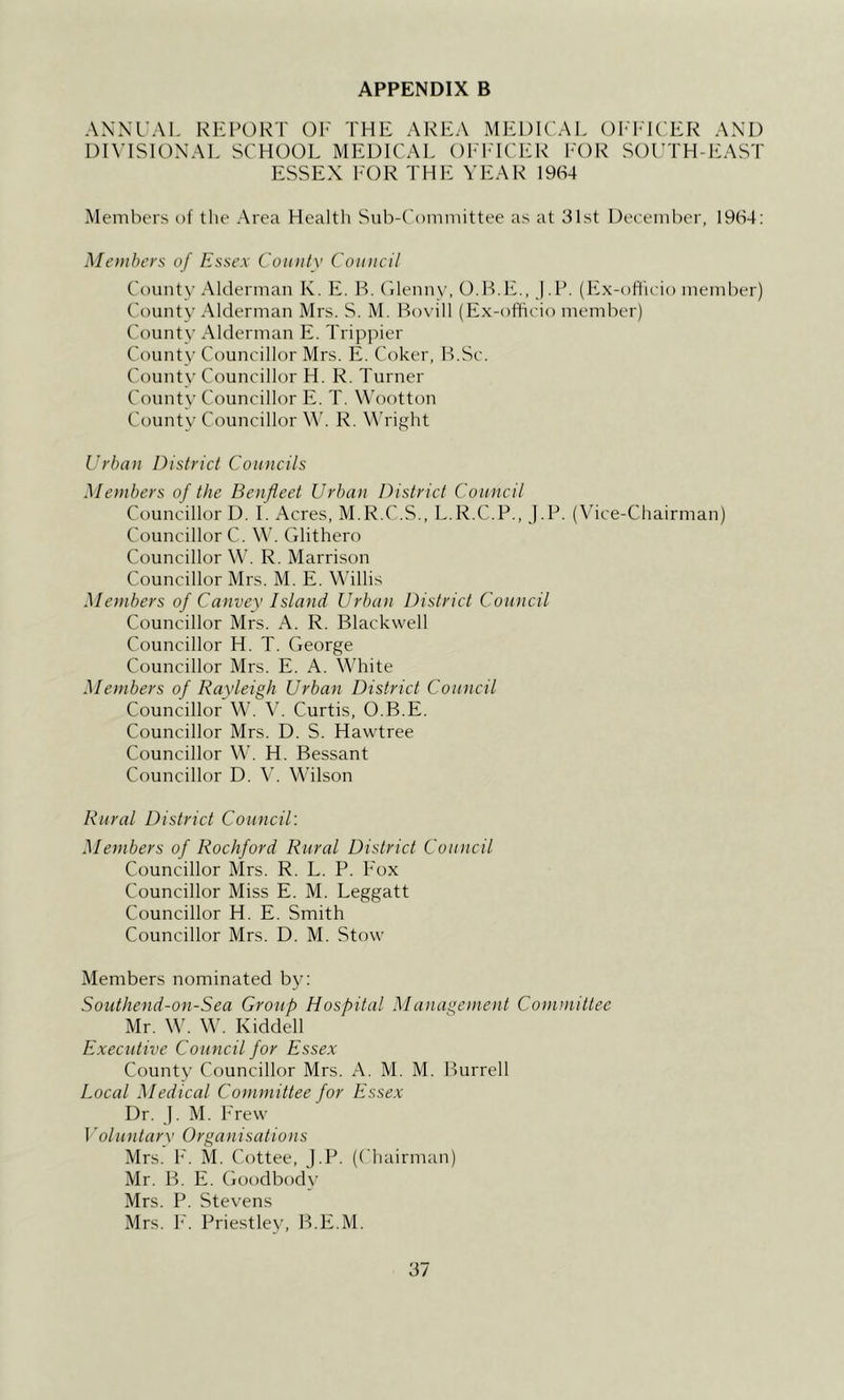 APPENDIX B AXNL’AI. REPORT OF THE AREA MEDICAL OI'IHCER AND DIVISIONAI, SCHOOL MEDICAL OEIHCER FOR SOLTH-EAST ESSEX l<OR THE YEAR 1964 Members of the Area Health Siib-Committee as at 3Lst December, 1964: Members of Essex Coiiiitv Council County Alderman K. E. H, Cdennv, O.B.E., j.P. (Ex-ofhcio member) County Alderman Mrs. S. M, Bovill (Ex-officio member) County Alderman E. Trippier County Councillor Mrs. E. Coker, B.Sc. County Councillor H. R. Turner County Councillor E. T. W’ootton County Councillor W. R. Wright Urban District Councils Members of the Benfleet Urban District Council Councillor D. 1. Acres, M.R.C.S., L.R.C.P., J.P. (Vice-Chairman) Councillor C. \\’. Glithero Councillor W. R. Marrison Councillor Mrs. M. E. Mdllis Members of Canvey Island Urban District Council Councillor Mrs. A. R. Blackwell Councillor H. T. George Councillor Mrs. E. A. White Members of Rayleigh Urban District Council Councillor W. V. Curtis, O.B.E. Councillor Mrs. D. S. Hawtree Councillor W. H. Bessant Councillor D. V. Wilson Rural District Council'. Members of Rockford Rural District Council Councillor Mrs. R. L. P. Fox Councillor Miss E. M. Leggatt Councillor H. E. Smith Councillor Mrs. D. M. Stow Members nominated by; Southend-on-Sea Group Hospital Management Committee Mr. Me M'. Riddell Executive Council for Essex County Councillor Mrs. A. M. M. Burrell Local Medical Committee for Essex Dr. j. M. l-'rew I 'oluntarv Organisations Mrs. E. M. Cottee, j.P. (Chairman) Mr. B. E. Goodbody Mrs. P. Stevens Mrs. IC Priestley, B.E.M.
