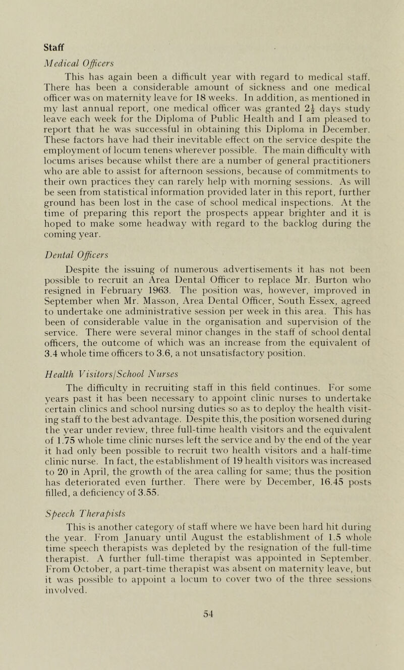 staff Medical Ojfficei's This lias again been a difficult year with regard to medical staff. I'here has been a considerable amount of sickness and one medical officer was on maternity leave for 18 weeks. In addition, as mentioned in my last annual report, one medical officer was granted days study leave each week for the Diploma of Public Health and I am pleased to report that he was successful in obtaining this Diploma in December. These factors have had their inevitable effect on the service despite the employment of locum tenens wherever possible. The main difficulty with locums arises because whilst there are a number of general practitioners who are able to assist for afternoon sessions, because of commitments to their own practices they can rarely help with morning sessions. As will be seen from statistical information provided later in this report, further ground has been lost in the case of school medical inspections. At the time of preparing this report the prospects appear brighter and it is hoped to make some headway with regard to the backlog during the coming year. Dental Officers Despite the issuing of numerous advertisements it has not been possible to recruit an Area Dental Officer to replace Mr. Burton who resigned in February 1963. The position was, however, improved in September when Mr. Masson, Area Dental Officer, South Essex, agreed to undertake one administrative session per week in this area. This has been of considerable value in the organisation and supervision of the service. There were several minor changes in the staff of school dental officers, the outcome of which was an increase from the equivalent of 3.4 whole time officers to 3.6, a not unsatisfactory position. Health VisitorsjSchool Nurses The difficulty in recruiting staff in this field continues. For some years past it has been necessary to appoint clinic nurses to undertake certain clinics and school nursing duties so as to deploy the health visit- ing staff to the best advantage. Despite this, the position worsened during the year under review, three full-time health visitors and the equivalent of 1.75 whole time clinic nurses left the service and by the end of the year it had only been possible to recruit two health visitors and a half-time clinic nurse. In fact, the establishment of 19 health visitors was increased to 20 in April, the growth of the area calling for same; thus the position has deteriorated even further. There were by December, 16.45 posts filled, a deficiency of 3.55. .S'[>eech Therapists This is another category of staff where we have been hard hit during the year, h'rom January until August the establishment of 1.5 whole time speech therapists was depleted by the resignation of the full-time therapist. A further full-time therapist was appointed in September, h'rom October, a ])art-time therapist was absent on maternity lea\-e, but it was possible to appoint a locum to cover two of the three sessions imolved.