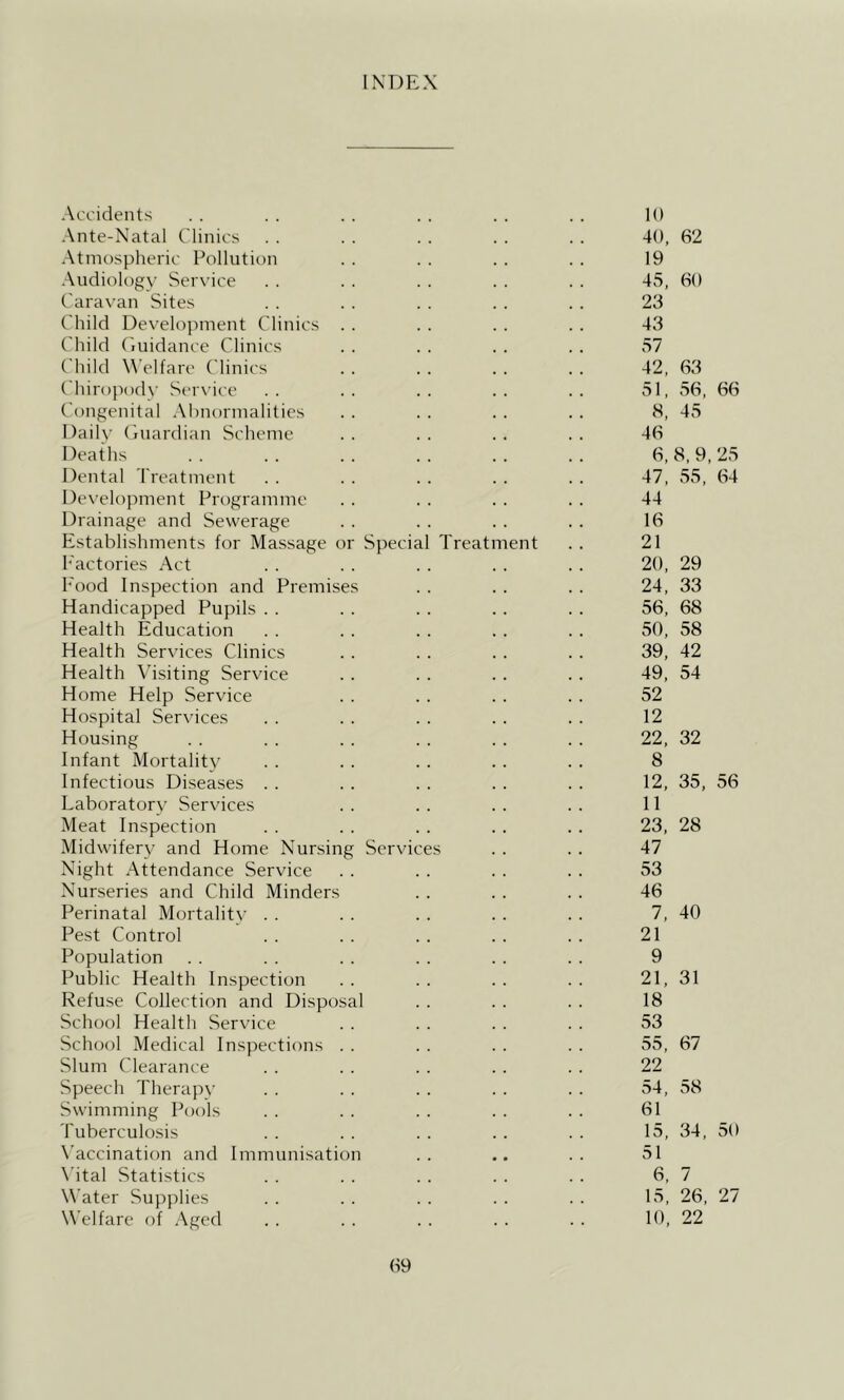 INDEX Accidents . . . . . . . . . . . . 10 Ante-Natal Clinics . . . . . . . . . . 40, 62 Atmospheric Pollution . . . . . . . . 19 Audiology Service . . . . . . . . . . 45, 60 Caravan Sites . . . . . . . . . . 23 Child Development Clinics . . . . . . . . 43 Child Ciuidance Clinics . . . . . . . . 57 Child Welfare Clinics . . . . . . . . 42, 63 Chiropody Serx'ice .. .. .. .. .. 51, 56, 66 Congenital Ahnormalities . . . . . . . . 8, 45 Daily (iuardian Scheme .. .. .. .. 46 Deaths .. .. .. .. .. .. 6,8,9,25 Dental Treatment . . . . . . . . . . 47, 55, 64 Development Programme . . . . . . . . 44 Drainage and Sewerage . . . . . . . . 16 Establishments for Massage or Special Treatment . . 21 h'actories Act . . . . . . . . . . 20, 29 h'ood Inspection and Premises . . . . . . 24, 33 Handicapped Pupils . . . . . . . . . . 56, 68 Health Education . . . . . . . . . . 50, 58 Health Services Clinics . . . . . . . . 39, 42 Health Visiting Service . . . . . . . . 49, 54 Home Help Service . . . . . . . . 52 Hospital Services . . . . . . . . . . 12 Housing . . . . . . . . . . . . 22, 32 Infant Mortality . . . . . . . . . . 8 Infectious Diseases . . . . . . . . . . 12, 35, 56 Laboratory Services . . . . . . . . 11 Meat Inspection . . . . . . . . . . 23, 28 Midwifery and Home Nursing Services . . . . 47 Night Attendance Service . . . . . . . . 53 Nurseries and Child Minders . . . . . . 46 Perinatal Mortality . . . . . . . . . . 7, 40 Pest Control . . . . . . . . . . 21 Population . . . . . . . . . . . . 9 Public Health Inspection . . . . . . . . 21, 31 Refuse Collection and Disposal . . . . . . 18 School Health Service . . . . . . . . 53 School Medical Inspections . . . . . . . . 55, 67 Slum Clearance . . . . . . . . . . 22 Speech Thera])\’ . . . . . . . . . . 54, 58 Swimming Pools . . . . . . . . . . 61 Tuberculosis . . . . . . . . . . 15, 34, 50 \’accination and Immunisation .. .. 51 \'ital Statistics . . . . . . . . . . 6, 7 Water Supplies . . . . . . . . . . 15, 26, 27