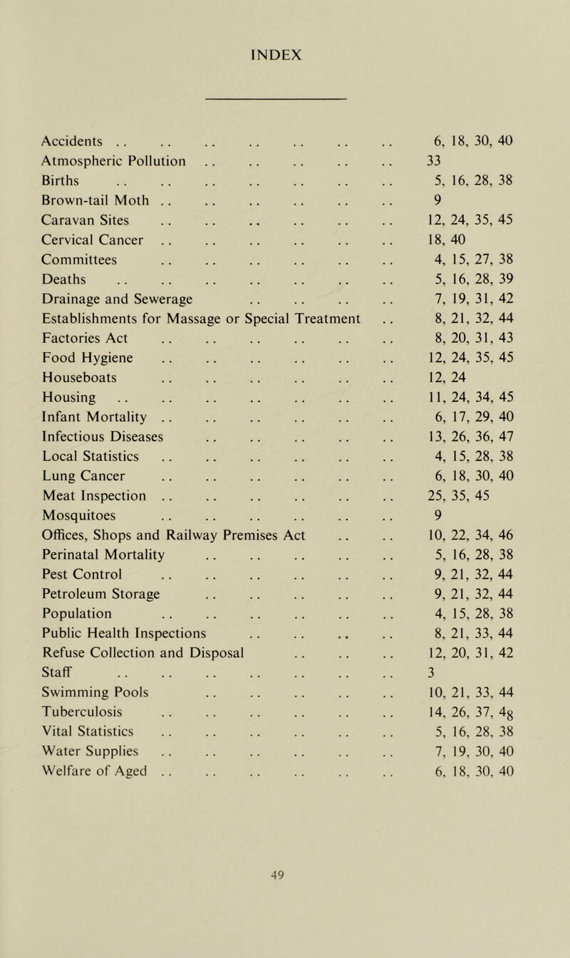 INDEX Accidents .. 6, 18, 30, 40 Atmospheric Pollution 33 Births 5, 16, 28, 38 Brown-tail Moth .. 9 Caravan Sites 12, 24, 35, 45 Cervical Cancer 18, 40 Committees 4, 15, 27, 38 Deaths 5, 16, 28, 39 Drainage and Sewerage 7, 19, 31, 42 Establishments for Massage or Special Treatment 8, 21, 32, 44 Factories Act 8, 20, 31, 43 Food Hygiene 12, 24, 35, 45 Houseboats 12, 24 Housing 11, 24, 34, 45 Infant Mortality .. 6, 17, 29, 40 Infectious Diseases 13, 26, 36, 47 Local Statistics 4, 15, 28, 38 Lung Cancer 6, 18, 30, 40 Meat Inspection .. 25, 35, 45 Mosquitoes 9 Offices, Shops and Railway Premises Act 10, 22, 34, 46 Perinatal Mortality 5, 16, 28, 38 Pest Control 9, 21, 32, 44 Petroleum Storage 9, 21, 32, 44 Population 4, 15, 28, 38 Public Health Inspections 8, 21, 33, 44 Refuse Collection and Disposal 12, 20, 31, 42 Staff 3 Swimming Pools 10, 21, 33, 44 Tuberculosis 14, 26, 37, 48 Vital Statistics 5, 16, 28, 38 Water Supplies 7, 19, 30, 40 Welfare of Aged .. 6, 18, 30, 40