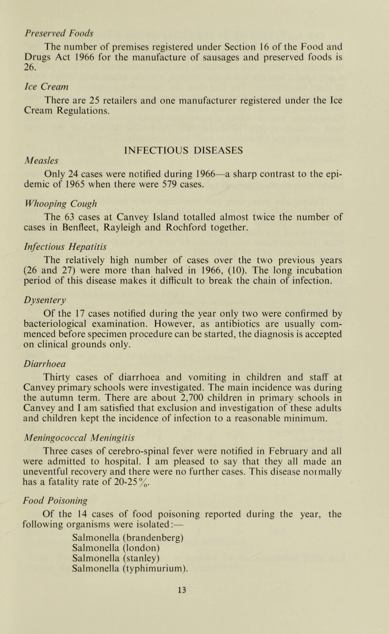 Preserved Foods The number of premises registered under Section 16 of the Food and Drugs Act 1966 for the manufacture of sausages and preserved foods is 26. Ice Cream There are 25 retailers and one manufacturer registered under the Ice Cream Regulations. INFECTIOUS DISEASES Measles Only 24 cases were notified during 1966—a sharp contrast to the epi- demic of 1965 when there were 579 cases. Whooping Cough The 63 cases at Canvey Island totalled almost twice the number of cases in Benfleet, Rayleigh and Rochford together. Infectious Hepatitis The relatively high number of cases over the two previous years (26 and 27) were more than halved in 1966, (10). The long incubation period of this disease makes it difficult to break the chain of infection. Dysentery Of the 17 cases notified during the year only two were confirmed by bacteriological examination. However, as antibiotics are usually com- menced before specimen procedure can be started, the diagnosis is accepted on clinical grounds only. Diarrhoea Thirty cases of diarrhoea and vomiting in children and staff at Canvey primary schools were investigated. The main incidence was during the autumn term. There are about 2,700 children in primary schools in Canvey and I am satisfied that exclusion and investigation of these adults and children kept the incidence of infection to a reasonable minimum. Meningococcal Meningitis Three cases of cerebro-spinal fever were notified in February and all were admitted to hospital. I am pleased to say that they all made an uneventful recovery and there were no further cases. This disease noimally has a fatality rate of 20-25%. Food Poisoning Of the 14 cases of food poisoning reported during the year, the following organisms were isolated:— Salmonella (brandenberg) Salmonella (london) Salmonella (Stanley) Salmonella (typhimurium).