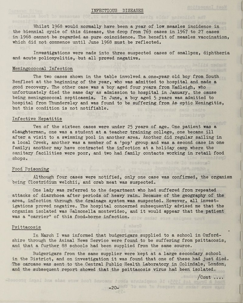 INFECTIOUS DISEASES Whilst 1968 would normally have been a year of low measles incidence in the biennial cycle of this disease, the drop from 769 cases in 1967 to 27 cases in 1968 cannot be regarded as pure coincidence. The benefit of measles vaccination, which did not commence until June 1968 must be reflected. Investigations were made into three suspected cases of smallpox, diphtheria and acute poliomyelitis, but all proved negative. Meningococcal Infection The two cases shown in the table involved a one-year old boy from South Benfleet at the beginning of the year, who was admitted to hospital and made a good recovery. The other case was a boy aged four years, from Hadleigh, who unfortunately died the same day as admission to hospital in January, the cause being meningococcal septicaemia. In June, a boy aged 5 years was admitted to hospital from Thundersley and was found to be suffering from As> eptic Meningitis, but this condition is not notifiable. Infective Hepatitis Ten of the sixteen cases were under 25 years of age. One patient was a slaughterman, one was a student at a teacher training college, one became ill after a visit to a swimming pool in another area. Another did regular sailing in a local Creek, another was a member of a 'pop' group and was a second case in one family; another may have contracted the infection at a holiday camp where the sanitary facilities were poor, and two had family contacts working in retail food shops. Food Poisoning Although four cases were notified, only one case was confirmed, the organism being Clostridium welchii, and crab meat was suspected. One lady was referred to the department who had suffered from repeated attacks of diarrhoea after periods of heavy rain. Because of the geography of the area, infection through the drainage system was suspected. However, all invest¬ igations proved negative. The hospital concerned subsequently advised me that the organism isolated was Salmonella montevideo, and it would appear that the patient was a carrier of this food-borne infection. Psittacosis • In March I was informed that budgerigars supplied to a school in Oxford¬ shire through the Animal News Service were found to be suffering from psittacosis, and that a further 88 schools had been supplied from the same source. Budgerigars from the same supplier were kept at a large secondary school in the District, and on investigation it was found that one of these had just died. The carcase was sent to the Central Public Health Laboratory in Colindale, London, and the subsequent report showed that the psittacosis virus had been isolated, /Cont ,... -20-