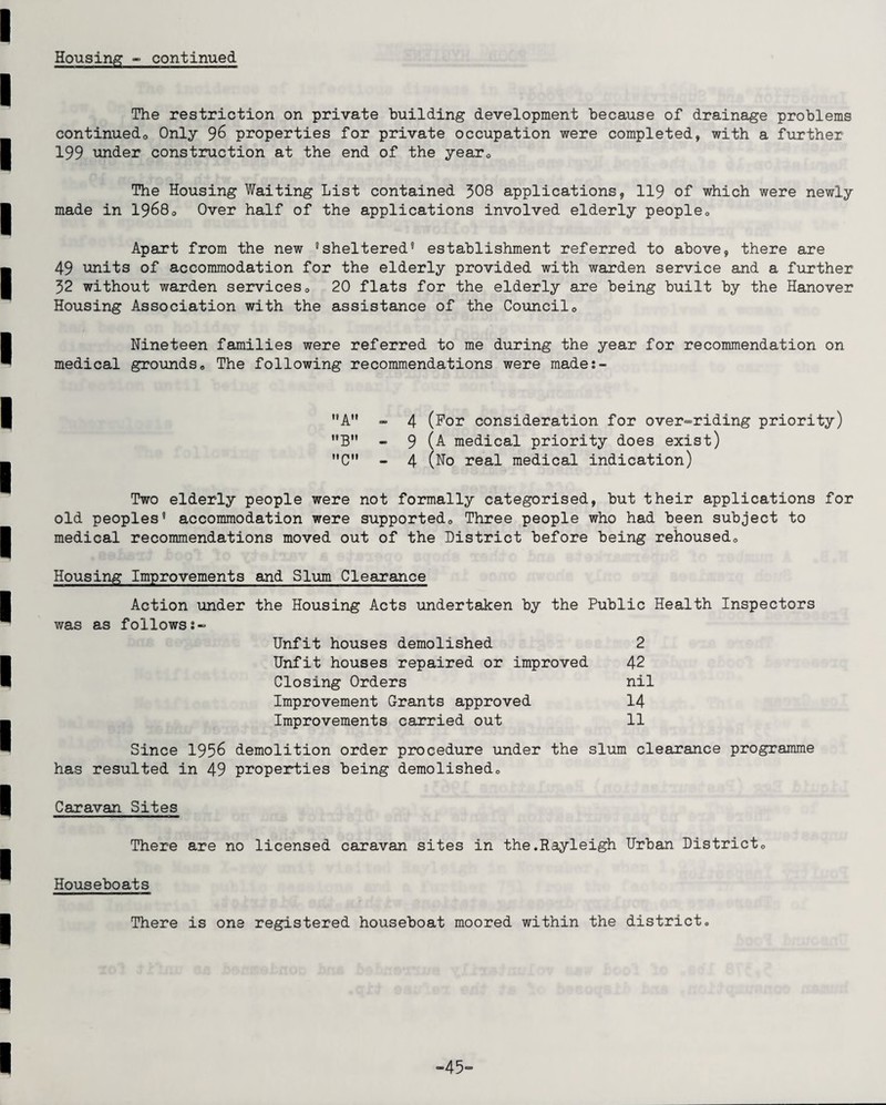 Housing - continued The restriction on private building development because of drainage problems continuedo Only 96 properties for private occupation were completed, with a further 199 under construction at the end of the year0 The Housing Waiting List contained 308 applications, 119 of which were newly made in 19680 Over half of the applications involved elderly people* Apart from the new ’sheltered5 establishment referred to above, there are 49 units of accommodation for the elderly provided with warden service and a further 52 without warden services0 20 flats for the elderly are being built by the Hanover Housing Association with the assistance of the Council0 Nineteen families were referred to me during the year for recommendation on medical grounds„ The following recommendations were made:- A - 4 (For consideration for overriding priority) B - 9 (A medical priority does exist) C - 4 (No real medical indication) Two elderly people were not formally categorised, but their applications for old peoples5 accommodation were supported,, Three people who had been subject to medical recommendations moved out of the District before being rehoused,, Housing Improvements and Slum Clearance Action under the Housing Acts undertaken by the Public Health Inspectors was as follows:- Unfit houses demolished 2 Unfit houses repaired or improved 42 Closing Orders nil Improvement Grants approved 14 Improvements carried out 11 Since 1956 demolition order procedure under the slum clearance programme has resulted in 49 properties being demolished0 Caravan Sites There are no licensed caravan sites in the.Rayleigh Urban District,, Houseboats There is one registered houseboat moored within the district* -45“