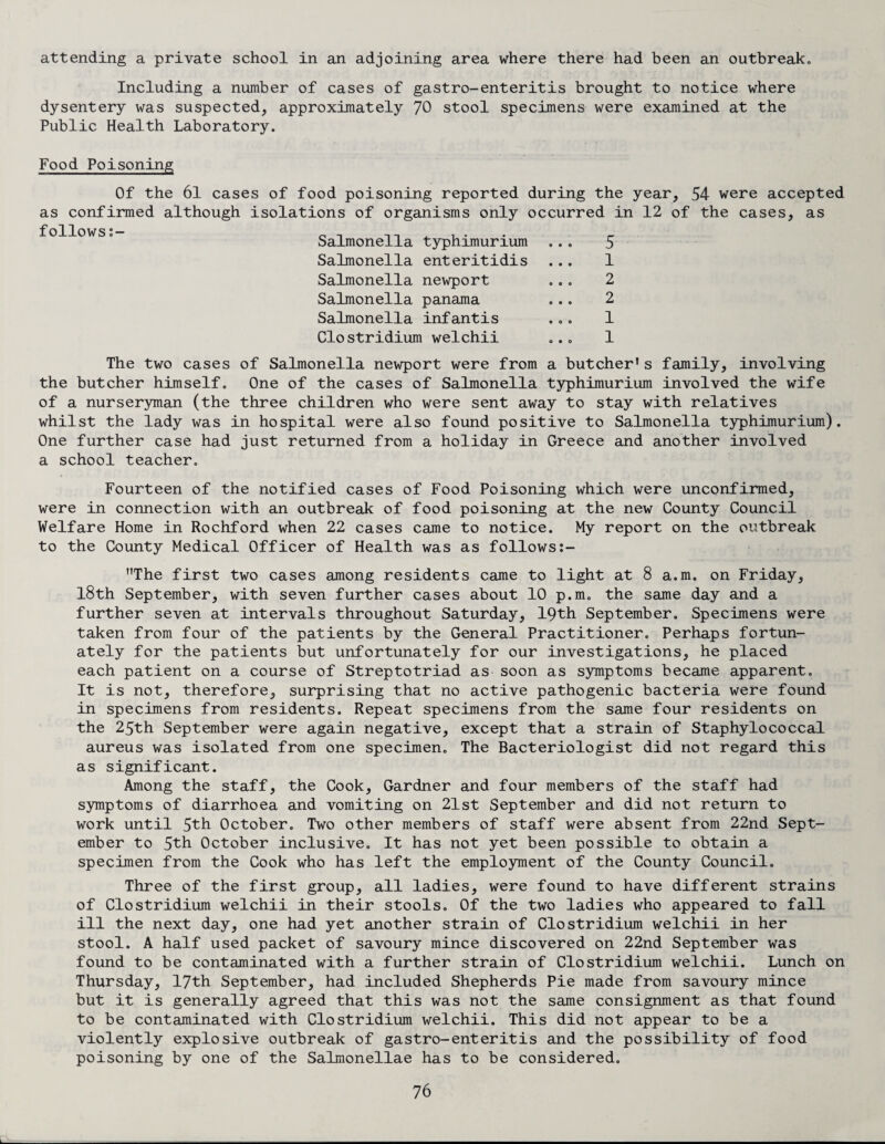 attending a private school in an adjoining area where there had been an outbreak. Including a number of cases of gastro-enteritis brought to notice where dysentery was suspected, approximately 70 stool specimens were examined at the Public Health Laboratory. Food Poisoning Of the 61 cases of food poisoning reported during the year, 54 were accepted as confirmed although isolations of organisms only occurred in 12 of the cases, as 5 1 2 2 1 1 The two cases of Salmonella newport were from a butcher's family, involving the butcher himself. One of the cases of Salmonella typhimurium involved the wife of a nurseryman (the three children who were sent away to stay with relatives whilst the lady was in hospital were also found positive to Salmonella typhimurium). One further case had just returned from a holiday in Greece and another involved a school teacher. Fourteen of the notified cases of Food Poisoning which were unconfirmed, were in connection with an outbreak of food poisoning at the new County Council Welfare Home in Rochford when 22 cases came to notice. My report on the outbreak to the County Medical Officer of Health was as follows The first two cases among residents came to light at 8 a.m. on Friday, 18th September, with seven further cases about 10 p.m. the same day and a further seven at intervals throughout Saturday, 19th September. Specimens were taken from four of the patients by the General Practitioner. Perhaps fortun¬ ately for the patients but unfortunately for our investigations, he placed each patient on a course of Streptotriad as soon as symptoms became apparent. It is not, therefore, surprising that no active pathogenic bacteria were found in specimens from residents. Repeat specimens from the same four residents on the 25th September were again negative, except that a strain of Staphylococcal aureus was isolated from one specimen. The Bacteriologist did not regard this as significant. Among the staff, the Cook, Gardner and four members of the staff had symptoms of diarrhoea and vomiting on 21st September and did not return to work until 5th October. Two other members of staff were absent from 22nd Sept¬ ember to 5th October inclusive. It has not yet been possible to obtain a specimen from the Cook who has left the employment of the County Council. Three of the first group, all ladies, were found to have different strains of Clostridium welchii in their stools. Of the two ladies who appeared to fall ill the next day, one had yet another strain of Clostridium welchii in her stool. A half used packet of savoury mince discovered on 22nd September was found to be contaminated with a further strain of Clostridium welchii. Lunch on Thursday, 17th September, had included Shepherds Pie made from savoury mince but it is generally agreed that this was not the same consignment as that found to be contaminated with Clostridium welchii. This did not appear to be a violently explosive outbreak of gastro-enteritis and the possibility of food poisoning by one of the Salmonellae has to be considered. io±±ows Salmonella typhimurium Salmonella enteritidis Salmonella newport Salmonella panama Salmonella infantis Clostridium welchii