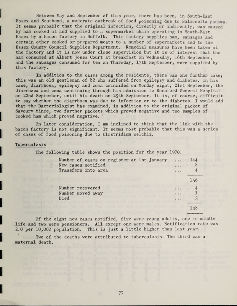 Between May and September of this year, there has been, in South-East Essex and Southend, a moderate outbreak of food poisoning due to Salmonella panama. It seems probab]e that the original infection, directly or indirectly, was caused by ham cooked at and supplied to a supermarket chain operating in South-East Essex by a bacon factory in Suffolk. This factory supplies ham, sausages and certain other cooked or prepared meats to a number of supermarkets and to the Essex County Council Supplies Department. Remedial measures have been taken at the factory and it is now under close supervision but it is of interest that the ham consumed at Albert Jones Court at breakfast on Wednesday, 16th September, and the sausages consumed for tea on Thursday, 17th September, were supplied by this factory. In addition to the cases among the residents, there was one further case; this was an old gentleman of 82 who suffered from epilepsy and diabetes. In his case, diarrhoea, epilepsy and coma coincided on Monday night, 21st September, the diarrhoea and coma continuing through his admission to Rochford General Hospital on 22nd September, until his death on 25th September. It is, of course, difficult to say whether the diarrhoea was due to infection or to the diabetes. I would add that the Bacteriologist has examined, in addition to the original packet of Savoury Mince, two further packets which proved negative and two samples of cooked ham which proved negative.” On later consideration, I am inclined to think that the link with the bacon factory is not significant. It seems most probable that this was a series of cases of food poisoning due to Clostridium welchii. Tuberculosis The following table shows the position for the year 1970. Number of cases on register at 1st January ... 144 New cases notified ... 8 Transfers into area ... 4 156 Number recovered ... 4 Number moved away ... 1 Died ... 3 148 Of the eight new cases notified, five were young adults, one in middle life and two were pensioners. All except one were males. Notification rate was 2.0 per 10,000 population. This is just a little higher than last year. Two of the deaths were attributed to tuberculosis. The third was a maternal death.