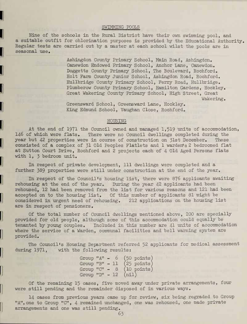 SWIMMING POOLS Nine of the schools in the Rural District have their own swimming pool, and. a suitable outfit for chlorination purposes is provided hy the Educational Authority. Regular tests are carried out by a master at each school wilst the pools are in seasonal use. Ashingdon County Primary School, Main Road, Ashingdon. Canewdon Endowed Primary School, Anchor Lane, Canewdon, Doggetts County Primary School, The Boulevard, Rochford. Holt Farm County Junior School, Ashingdon Road, Rochford, Hullbridge County Primary School, Ferry Road, Hullbridge. Plumberow County Primary School, Hamilton Gardens, Hockley. Great Wakering County Primary School, High Street, Great Wakering. Greensward School, Greensward Lane, Hockley, King Edmund School, Vaughan Close, Rochfordo HOUSING At the end of 1971 the Council owned and managed 1,519 units of accommodation, 146 of which were flats. There were no Council dwellings completed during the year but 42 properties were in course of construction on 51st December. These consisted of a complex of 51 Old Peoples Flatlets and 1 wardens 2 bedroomed flat at Sutton Court Drive, Rochford and 2 projects each of 4 Old Aged Persons flats with 1, 5 bedroom unit. In respect of private development, 111 dwellings were completed and a further 589 properties were still under construction at the end of the year. In respect of the Council*s housing list, there were 876 applicants awaiting rehousing at the end of the year. During the year 42 applicants had been rehoused, 12 had been removed from the list for various reasons and 121 had been accepted on to the housing list. Of this number of applicants 81 might be considered in urgent need of rehousing. 212 applications on the housing list are in respect of pensioners. Of the total number of Council dwellings mentioned above, 200 are specially provided for old people, although some of this accommodation could equally be tenanted by young couples. Included in this number are 41 units of accommodation where the service of a Warden, communal facilities and bell warning system are provided. The Councils Housing Department referred 52 applicants for medical assessment during 1971, with the following results: Group A Group MB” Group C Group D 6 (50 points) 11 (25 points) 8 (10 points) 12 (nil) Of the remaining 15 cases, five moved away under private arrangements, four were still pending and the remainder disposed of in various ways. 14 cases from previous years came up for review, six being regraded to Group A, one to Group C, 4 remained unchanged, one was rehoused, one made private arrangements and one was still pending. 65