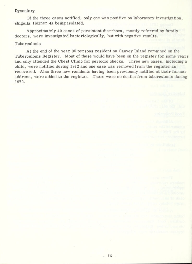 Dysentery Of the three cases notified, only one was positive on laboratory investigation, shigella flezner 4a being isolated. Approximately 40 cases of persistent diarrhoea, mostly referred by family doctors, were investigated bacteriologically, but with negative results. Tuberculosis At the end of the year 95 persons resident on Canvey Island remained on the Tuberculosis Register. Most of these would have been on the register for some years and only attended the Chest Clinic for periodic checks. Three new cases, including a child, were notified during 1972 and one case was removed from the register as recovered. Also three new residents having been previously notified at their former address, were added to the register. There were no deaths from tuberculosis during 1972.
