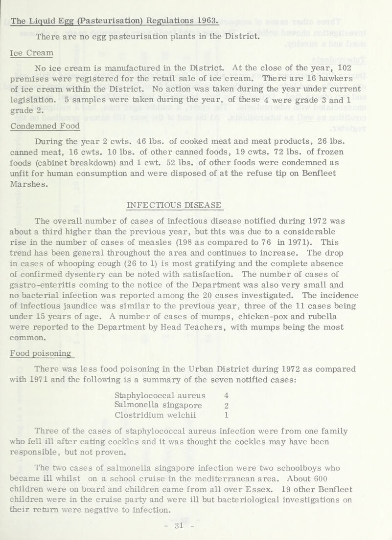 The Liquid Egg (Pasteurisation) Regulations 1963. There are no egg pasteurisation plants in the District. Ice Cream No ice cream is manufactured in the District. At the close of the year, 102 premises were registered for the retail sale of ice cream. There are 16 hawkers of ice cream within the District. No action was taken during the year \mder current legislation. 5 samples were taken during the year, of these 4 were grade 3 and 1 grade 2. Condemned Food During the year 2 cwts. 46 lbs. of cooked meat and meat products, 26 lbs. canned meat, 16 cwts. 10 lbs. of other canned foods, 19 cwts. 72 lbs. of frozen foods (cabinet breakdown) and 1 cwt. 52 lbs. of other foods were condemned as unfit for human consumption and were disposed of at the refuse tip on Benfleet Marshes. INFECTIOUS DISEASE The overall number of cases of infectious disease notified during 1972 was about a third higher than the previous year, but this was due to a considerable rise in the number of cases of measles (198 as compared to 76 in 1971). This trend has been general throughout the area and continues to increase. The drop in cases of whooping cough (26 to 1) is most gratifying and the complete absence of confirmed dysentery can be noted with satisfaction. The number of cases of gastro-enteritis coming to the notice of the Department was also very small and no bacterial infection was reported among the 20 cases investigated. The incidence of infectious jaundice was similar to the previous year, three of the 11 cases being under 15 years of age. A number of cases of mumps, chicken-pox and rubella were reported to the Department by Head Teachers, with mumps being the most common. Food poisoning There was less food poisoning in the Urban District during 1972 as compared with 1971 and the following is a summary of the seven notified cases: Staphylococcal aureus 4 Salmonella Singapore 2 Clostridium welchii 1 Three of the cases of staphylococcal aureus infection were from one family who fell ill after eating cockles and it was thought the cockles may have been responsible, but not proven. The two cases of salmonella Singapore infection were two schoolboys who became ill whilst on a school cruise in the mediterranean area. About 600 children were on board and children came from all over Essex. 19 other Benfleet children were in the cruise party and were ill but bacteriological investigations on their return were negative to infection.