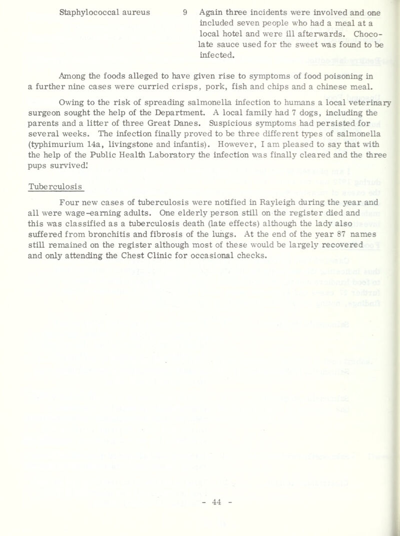 staphylococcal aureus 9 Again three incidents were involved and one included seven people who had a meal at a local hotel and were ill afterwards. Choco- late sauce used for the sweet was found to be infected. Among the foods alleged to have given rise to symptoms of food poisoning in a further nine cases were curried crisps, pork, fish and chips and a Chinese meal. Owing to the risk of spreading salmonella infection to humans a local veterinary surgeon sought the help of the Department. A local family had 7 dogs, including the parents and a litter of three Great Danes. Suspicious symptoms had persisted for several weeks. The infection finally proved to be three different types of salmonella (typhimurium 14a, livingstone and infantis). However, I am pleased to say that with the help of the Public Health Laboratory the infection was finally cleared and the three pups survived! Tuberculosis Four new cases of tuberculosis were notified in Rayleigh during the year and all were wage-earning adults. One elderly person still on the register died and this was classified as a tuberculosis death (late effects) although the lady also suffered from bronchitis and fibrosis of the limgs. At the end of the year 87 names still remained on the register although most of these wo\ild be largely recovered and only attending the Chest Clinic for occasional checks. - 44 - A