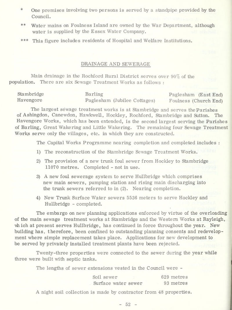 * One premises involving two persons is served by a standpipe provided by the Council. ** Water mains on Foulness Island are owned by the War Department, although water is supplied by the Essex Water Company. *** This figure includes residents of Hospital and Welfare Institutions. DRAINAGE AND SEWERAGE Main drainage in the Rochford Rural District serves over 90% of the population. There are six Sewage Treatment Works as follows : Stambridge Barling Paglesham (East End) Havengore Paglesham (Jubilee Cottages) Foulness (Church End) The largest sewage treatment works is at Stambridge and serves the Parishes of Ashingdon, Canewdon, Hawkwell, Hockley, Rochford, Stambridge and Sutton. The Havengore Works, which has been extended, is the second largest serving the Parishes of Barling, Great Wakering and Little Wakering. The remaining four Sewage Treatment Work^ serve only the villages, etc. in which they are constructed. The Capital Works Programme nearing completion and completed includes : 1) The reconstruction of the Stambridge Sewage Treatment Works. 2) The provision of a new trunk foul sewer from Hockley to Stambridge 11070 metres. Completed - not in use. 3) A new foul sewerage system to serve Hullbridge which comprises new main sewers, pumping station and rising main discharging into the trunk sewers referred to in (2). Nearing completion. 4) New Trunk Surface Water sewers 5536 meters to serve Hockley and Hullbridge - completed. The embargo on new planning applications enforced by virtue of the overloading of the main sewage treatment works at Stambridge and the Western Works at Rayleigh, vh ich at present serves Hullbridge, has continued in force throughout the year. New building has, therefore, been confined to outstanding planning consents and redevelop- ment where simple replacement takes place. Applications for new development to be served by privately installed treatment plants have been rejected. Twenty-three properties were connected to the sewer during the year while three were built with septic tanks. The lengths of sewer extensions vested in the Council were - Soil sewer 629 metres Surface water sewer 93 metres A night soil collection is made by contractor from 48 properties.