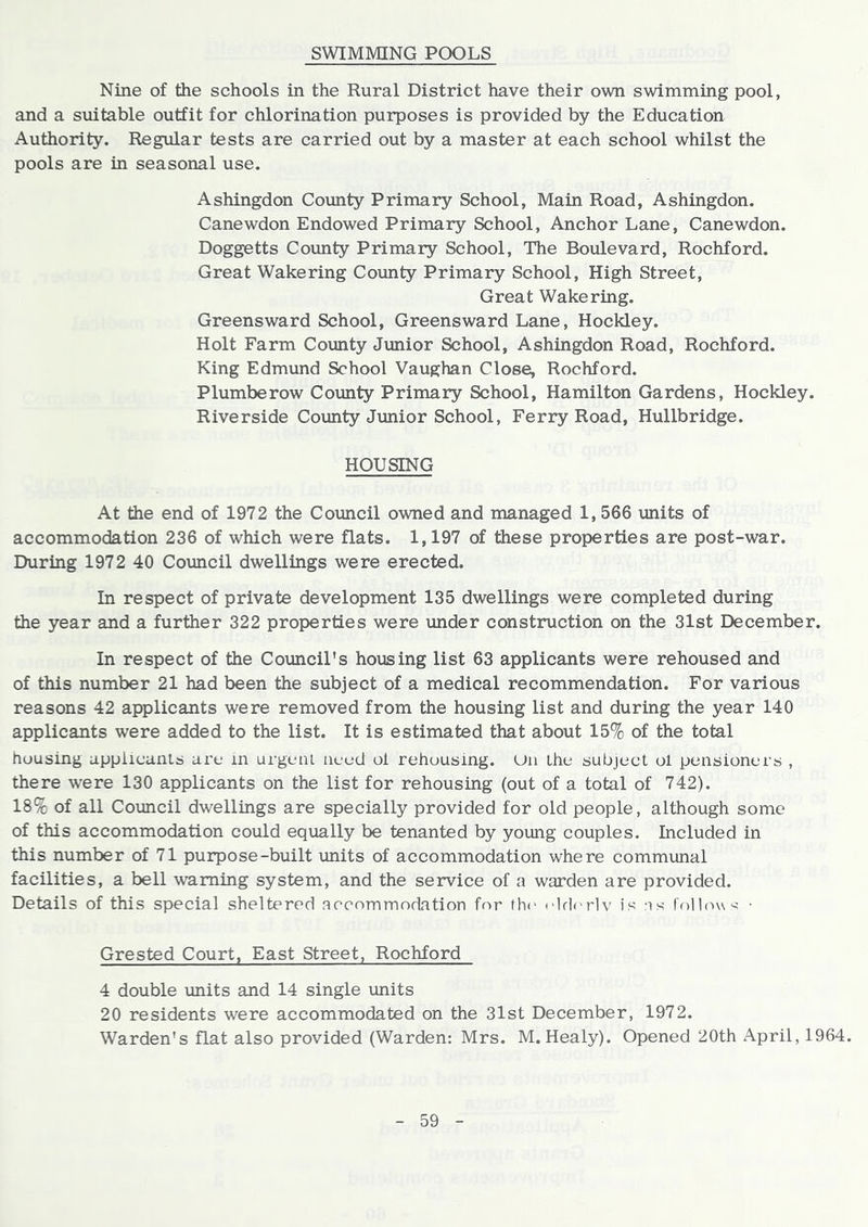 SWIMMING POOLS Nine of the schools in the Rural District have their own swimming pool, and a suitable outfit for chlorination purposes is provided by the Education Authority. Regular tests are carried out by a master at each school whilst the pools are in seasonal use. Ashingdon Covmty Primary School, Main Road, Ashingdon. Canewdon Endowed Primary School, Anchor Lane, Canewdon. Doggetts County Primary School, The Boulevard, Rochford. Great Wake ring Coimty Primary School, High Street, Great Wake ring. Greensward School, Greensward Lane, Hockley. Holt Farm County Junior School, Ashingdon Road, Rochford. King Edmund School Vaughan Close, Rochford. Plumberow Coimty Primary School, Hamilton Gardens, Hockley. Riverside County Jimior School, Ferry Road, Hullbridge. HOUSING At the end of 1972 the Council owned and managed 1,566 units of accommodation 236 of which were flats. 1,197 of these properties are post-war. During 1972 40 Council dwellings were erected. In respect of private development 135 dwellings were completed during the year and a further 322 properties were under construction on the 31st December. In respect of the Council’s housing list 63 applicants were rehoused and of this number 21 had been the subject of a medical recommendation. For various reasons 42 applicants were removed from the housing list and during the year 140 applicants were added to the list. It is estimated that about 15% of the total housing applicants arc in urgcni need oi rehousing. Uii the subject ol pensioners , there were 130 applicants on the list for rehousing (out of a total of 742). 18% of all Council dwellings are specially provided for old people, although some of this accommodation could equally be tenanted by young couples. Included in this number of 71 purpose-built units of accommodation where communal facilities, a bell warning system, and the service of a warden are provided. Details of this special sheltered accommodation for fh(' oldcrlv is as • Grested Court, East Street, Rochford 4 double units and 14 single units 20 residents were accommodated on the 31st December, 1972. Warden's flat also provided (Warden: Mrs. M. Healy). Opened 20th April, 1964.