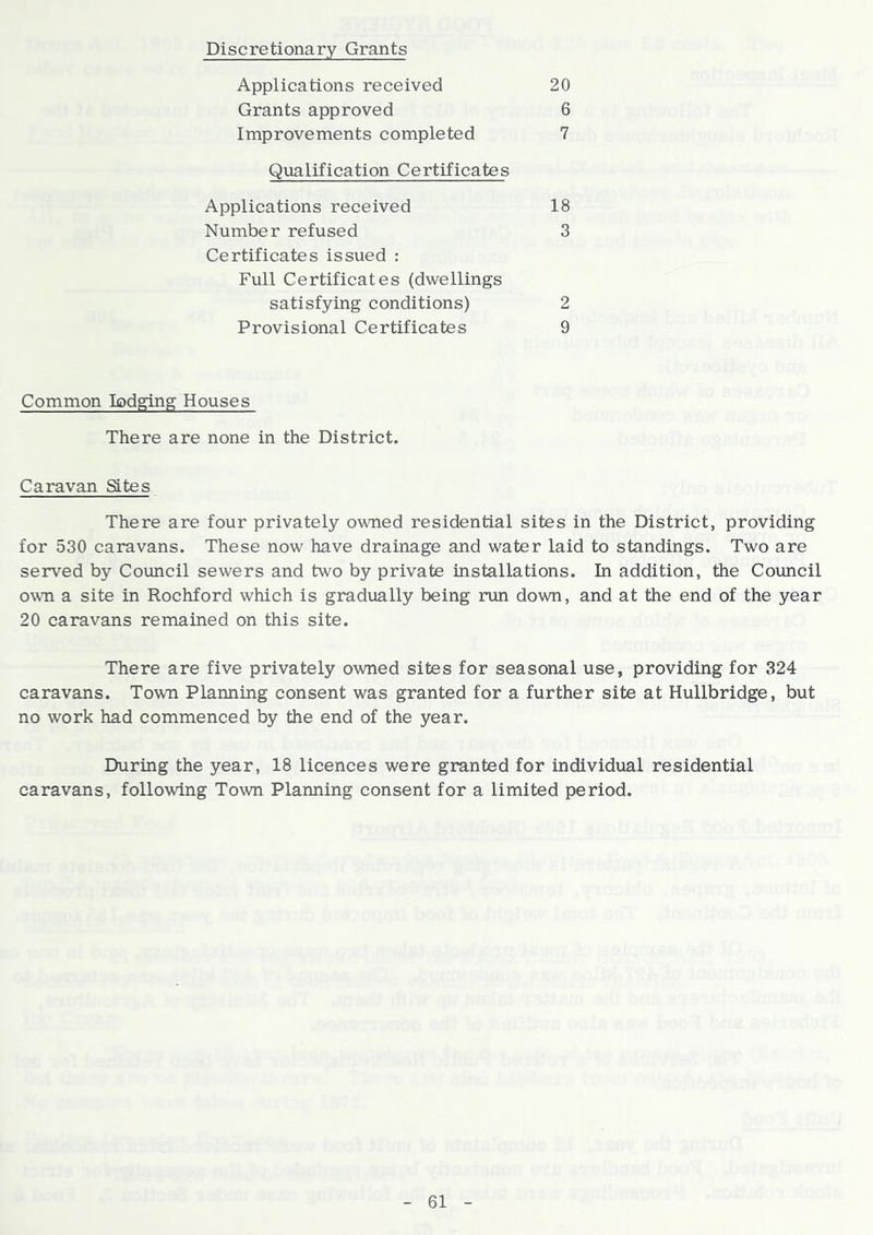 Discretionary Grants Applications received 20 Grants approved 6 Improvements completed 7 Qiialification Certificates Applications received 18 Number refused 3 Certificates issued : Full Certificates (dwellings satisfying conditions) 2 Provisional Certificates 9 Common lodging Houses There are none in the District. Caravan Sites There are four privately owned residential sites in the District, providing for 530 caravans. These now have drainage and water laid to standings. Two are served by Council sewers and two by private installations. In addition, the Coxmcil ovTi a site in Rochford which is gradually being run down, and at the end of the year 20 caravans remained on this site. There are five privately owned sites for seasonal use, providing for 324 caravans. Town Planning consent was granted for a further site at Hullbridge, but no work had commenced by the end of the year. During the year, 18 licences were granted for individual residential caravans, following Town Planning consent for a limited period.