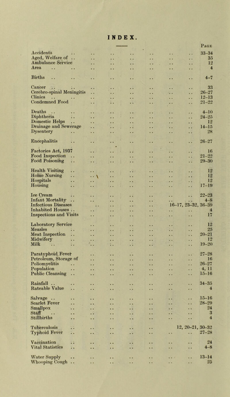 Accidents Aged, Welfare of .. Ambulance Service Area Births Cancer Cerebro-spina) Meningitis .. Clinics Condemned Food Deaths Diphtheria Domestic Helps Drainage and Sewerage Dysentery- Encephalitis Factories Act, 1937 Food Inspection .. Food Poisonihg Health Visiting Hoine Nursing .. .. y Hospitals Housing Ice Cream Infant Mortality .. Infectious Diseases Inhabited Houses Inspections and Visits Laboratory Service Measles Meat Inspection Midwifery Milk Paratyphoid. Fever Petroleum, Storage of Poliomyelitis Population Public Cleansing .. Rainfall Rateable Value Salvage Scarlet Fever Smallpox Staff Stillbirths Tuberculosis Typhoid Fever Vaccination Vital Statistics Wator Supply Whooping Cough .. Page .. 33-34 35 12 4 4-7 33 20- 27 12- 13 21- 22 4-10 24-25 12 14- 15 28 .. 26-27 16 . .. 21-22 29-30 12 12 12 17-19 22-23 4-8 10-17, 23-32, 36-39 4 17 12 25 .. 20-21 12 19-20 27- 28 16 .. 26-27 4, 11 15- 16 .. 34-35 4 15-16 28- 29 24 3 4 12, 20-21, 30-32 .. 27-28 24 4-8 13- 14 25