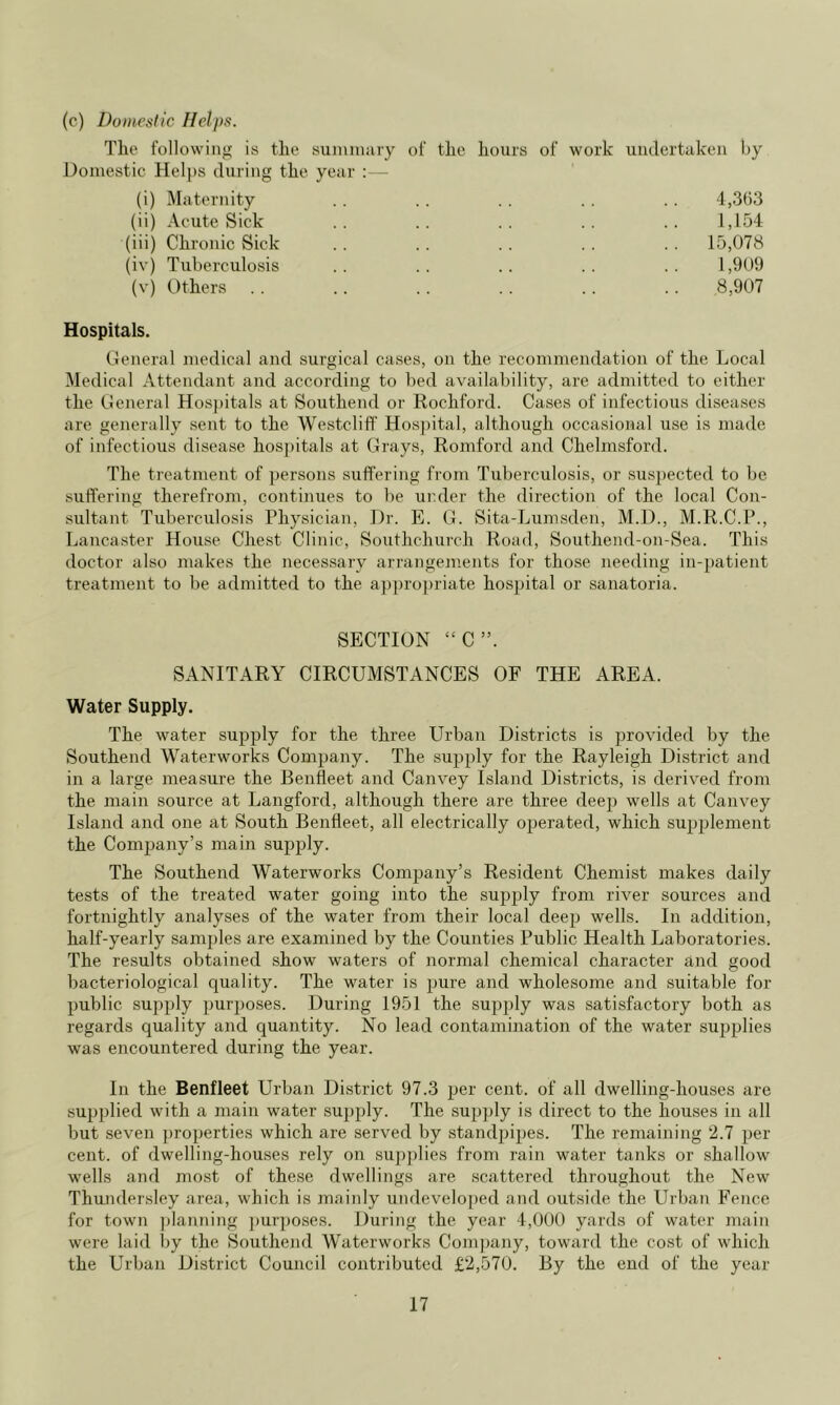 (c) Domestic Helps. The following is the summary of the hours of work uudertiikeii by Domestic Helps during the year :— (i) Maternity . . . . . . . . . . 4,3()3 (ii) Acute Sick .. .. .. .. .. 1,154 (iii) Chronic Sick . . .. . . . . . . 15,078 (iv) Tuberculosis .. .. .. .. .. 1,909 (v) Others .. .. .. .. .. .. 8,907 Hospitals. General medical and surgical cases, on the recommendation of the Local Medical Attendant and according to bed availability, are admitted to either the General Hos])itals at Southend or Rochford. Cases of infectious diseases are generally sent to the Westcliff Hos])ital, although occasional use is made of infectious disease hospitals at Grays, Romford and Chelmsford. The treatment of persons suffering from Tuberculosis, or suspected to be suffering therefrom, continues to be uiuler the direction of the local Con- sultant Tuberculosis Physician, Dr. E. G. Sita-Lumsden, M.D., M.R.C.P., Lancaster House Chest Clinic, Southchurch Road, Southend-on-Sea. This doctor also makes the neces.sary arrangements for those needing in-patient treatment to be admitted to the a])])ro])riate hospital or sanatoria. SECTION “C”. SANITARY CIRCUMSTANCES OF THE AREA. Water Supply. The water supply for the three Urban Districts is provided by the Southend Waterworks Company. The supply for the Rayleigh District and in a large measure the Benfleet and Canvey Island Districts, is derived from the main source at Langford, although there are three deep wells at Canvey Island and one at South Benfleet, all electrically operated, which supplement the Company’s main supply. The Southend Waterworks Comjjany’s Resident Chemist makes daily tests of the treated water going into the supply from river sources and fortnightly analyses of the water from their local deep wells. In addition, half-yearly samples are examined by the Counties Public Health Laboratories. The results obtained show waters of normal chemical character and good bacteriological quality. The water is pure and wholesome and suitable for public supply purposes. During 1951 the supply was satisfactory both as regards quality and quantity. No lead contamination of the water supplies was encountered during the year. In the Benfleet Urban District 97.3 per cent, of all dwelling-houses are supplied with a main water supply. The sujjply is direct to the houses in all but seven properties which are served by standjiipes. The remaining 2.7 per cent, of dwelling-houses rely on supplies from rain water tanks or shallow wells and most of these dwellings are scattered throughout the New Thnndersley area, which is mainly undeveloped and outside the Urban Fence for town ])lanning ])urposes. During the year 4,000 yards of water main were laid by the Southend Waterworks Com])any, toward the cost of which the Urban District Council contributed £2,570. By the end of the year
