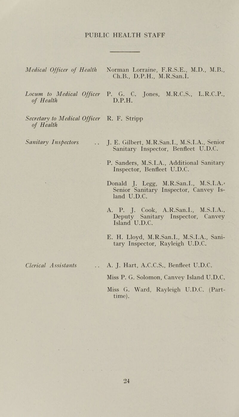 PUBLIC HEALTH STAFF Medical Officer of Health Norman Lorraine, F.R.S.E., M.D., M.B., Ch.B., U.P.H., M.R.San.I. Locum to Medical Officer of Health P. Cx. C. Jones, M.R.C.S., L.R.C.P., D.P.H. Secretary to Medical Officer of Health R. F. Stripp Sanitary Inspectors J. E. (lilbert, M.R.San.I., M.S.I.A., Senior Sanitary Inspector, Benfleet U.D.C. P. Sanders, M.S.I.A., Additional Sanitary Inspector, Benfleet U.D.C. Donald J. Legg, M.R.San.I., M.S.I.A.’ Senior Sanitary Inspector, Canvey Is- land U.D.C. A. P. J. Cook, A.R.San.L, M.S.I.A., Deputy Sanitary Inspector, Canvey Island U.D.C. E. H. Lloyd, M.R.San.I., M.S.I.A., Sani- tary Inspector, Rayleigh U.D.C. Clerical Assista)its A. J. Hart, A.C.C.S., Benfleet U.D.C. Miss P. Ci. Solomon, Canvey Island LCD.C. Miss (i. Ward, Rayleigh U.D.C. (Part- time).