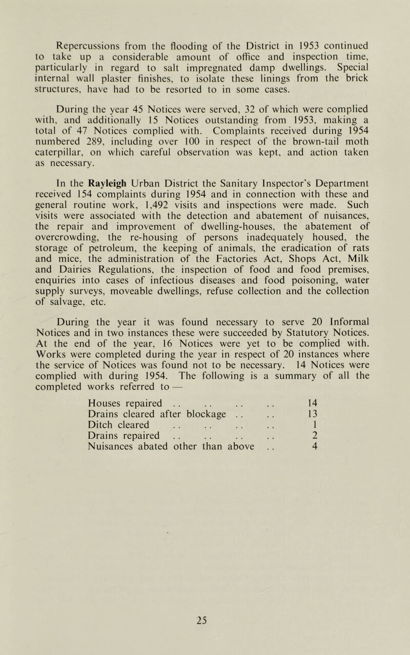 Repercussions from the flooding of the District in 1953 continued to take up a considerable amount of office and inspection time, particularly in regard to salt impregnated damp dwellings. Special internal wall plaster finishes, to isolate these linings from the brick structures, have had to be resorted to in some cases. During the year 45 Notices were served, 32 of which were complied with, and additionally 15 Notices outstanding from 1953, making a total of 47 Notices complied with. Complaints received during 1954 numbered 289, including over 100 in respect of the brown-tail moth caterpillar, on which careful observation was kept, and action taken as necessary. In the Rayleigh Urban District the Sanitary Inspector's Department received 154 complaints during 1954 and in connection with these and general routine work, 1,492 visits and inspections were made. Such visits were associated with the detection and abatement of nuisances, the repair and improvement of dwelling-houses, the abatement of overcrowding, the re-housing of persons inadequately housed, the storage of petroleum, the keeping of animals, the eradication of rats and mice, the administration of the Factories Act, Shops Act, Milk and Dairies Regulations, the inspection of food and food premises, enquiries into cases of infectious diseases and food poisoning, water supply surveys, moveable dwellings, refuse collection and the collection of salvage, etc. During the year it was found necessary to serve 20 Informal Notices and in two instances these were succeeded by Statutory Notices. At the end of the year, 16 Notices were yet to be complied with. Works were completed during the year in respect of 20 instances where the service of Notices was found not to be necessary. 14 Notices were complied with during 1954. The following is a summary of all the completed works referred to — Houses repaired . . Drains cleared after blockage .. Ditch cleared Drains repaired Nuisances abated other than above 14 13 2 4