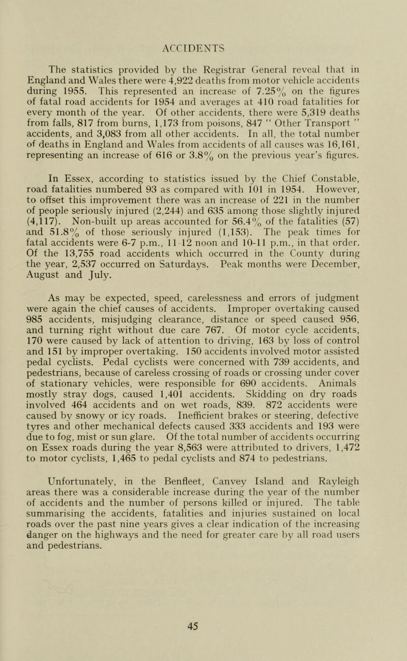 ACCIDENTS The statistics provided by tlie Registrar Cicneral reveal tliat in England and Wales there were 4,922 deaths from motor vehicle accidents during 1955. This represented an increase of 7.25% on the figures of fatal road accidents for 1954 and averages at 410 road fatalities for every month of the year. Of other accidents, there were 5,319 deaths from falls, 817 from burns, 1,173 from poisons, 847 “ Other Transport ” accidents, and 3,083 from all other accidents. In all, the total number of deaths in England and Wales from accidents of all causes was 16,161, representing an increase of 616 or 3.8% on the previous year’s figures. In Essex, according to statistics issued by the Chief Constable, road fatalities numbered 93 as compared with 101 in 1954. However, to offset this improvement there was an increase of 221 in the number of people seriously injured (2,244) and 635 among those slightly injured (4,117). Non-built up areas accounted for 56.4% of the fatalities (57) and 51.8% of those seriously injured (1,153). The peak times for fatal accidents were 6-7 p.m., 11 12 noon and 10-11 p.m., in that order. Of the 13,755 road accidents which occurred in the County during the year, 2,537 occurred on Saturdays. Peak months were December, August and July. As may be expected, speed, carelessness and errors of judgment were again the chief causes of accidents. Improper overtaking caused 985 accidents, misjudging clearance, distance or speed caused 956, and turning right without due care 767. Of motor cycle accidents, 170 were caused by lack of attention to driving, 163 by loss of control and 151 by improper overtaking. 150 accidents involved motor assisted pedal cyclists. Pedal cyclists were concerned with 739 accidents, and pedestrians, because of careless crossing of roads or crossing under cover of stationary vehicles, were responsible for 690 accidents. Animals mostly stray dogs, caused 1,401 accidents. Skidding on dry roads involved 464 accidents and on wet roads, 839. 872 accidents were caused by snowy or icy roads. Inefficient brakes or steering, defective tyres and other mechanical defects caused 333 accidents and 193 were due to fog, mist or sun glare. Of the total number of accidents occurring on Essex roads during the year 8,563 were attributed to drivers, 1,472 to motor cyclists, 1,465 to pedal cyclists and 874 to pedestrians. Unfortunately, in the Benfleet, Canvey Island and Rayleigh areas there was a considerable increase during the year of the number of accidents and the number of persons killed or injured. The table summarising the accidents, fatalities and injuries sustained on local roads over the past nine years gives a clear indication of the increasing danger on the highways and the need for greater care by all road users and pedestrians.