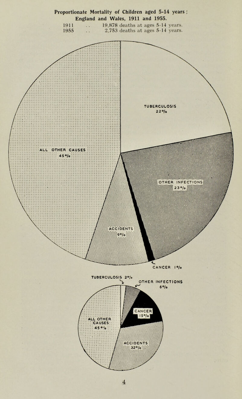 Proportionate Mortality of Children aged 5-14 years ; England and Wales, 1911 and 1955. 1911 . . 19,878 deaths at ages 5-14 years. 1955 . . 2,753 deaths at ages 5-14 years. TUBERCULOSIS 2®/o