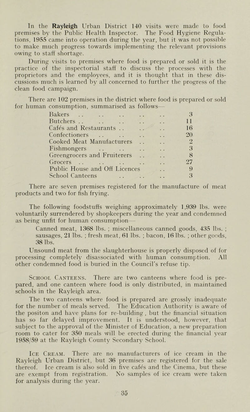 In the Rayleigh Urban District 140 visits were made to food premises by the Public Health Inspector. The Food Hygiene Regula- tions, 1955 came into operation during the year, but it was not possible to make much progress towards implementing the relevant provisions owing to staff shortage. During visits to premises where food is prepared or sold it is the practice of the inspectorial staff to discuss the processes with the proprietors and the employees, and it is thought that in these dis- cussions much is learned by all concerned to further the progress of the clean food campaign. There are 102 premises in the district where food is prepared or sold for human consumption, summarised as follows Bakers .. . . . . . . . . 3 Butchers . . . . . . . . . . 11 Cafes and Restaurants . . . . . . 16 Confectioners . . . . . . . . 20 Cooked Meat Manufacturers .. .. 2 Fishmongers . . . . . . . . 3 Greengrocers and Fruiterers . . . . 8 Grocers . . . . . . . . . . 27 Public House and Off Licences . . 9 School Canteens . . . . .. 3 There are seven premises registered for the manufacture of meat products and two for fish frying. The following foodstuffs weighing approximately 1,939 lbs. were voluntarily surrendered by shopkeepers during the year and condemned as being unfit for human consumption Canned meat, 1368 lbs. ; miscellaneous canned goods, 435 lbs. ; sausages, 21 lbs. ; fresh meat, 61 lbs. ; bacon, 16 lbs. ; other goods, 38 lbs. Unsound meat from the slaughterhouse is properly disposed of for processing completely disassociated with human consumption. All other condemned food is buried in the Council’s refuse tip. School Canteens. There are two canteens where food is pre- pared, and one canteen where food is only distributed, in maintained schools in the Rayleigh area. The two canteens where food is prepared are grossly inadequate for the number of meals served. The Education Authority is aware of the positon and have plans for re-building, but the financial situation has so far delayed improvement. It is understood, however, that subject to the approval of the Minister of Education, a new preparation room to cater for 350 meals will be erected during the financial year 1958/59 at the Rayleigh County Secondary School. Ice Cream. There are no manufacturers of ice cream in the Rayleigh Urban District, but 36 premises are registered for the sale thereof. Ice cream is also sold in five cafes and the Cinema, but these are exempt from registration. No samples of ice cream were taken for analysis during the year.