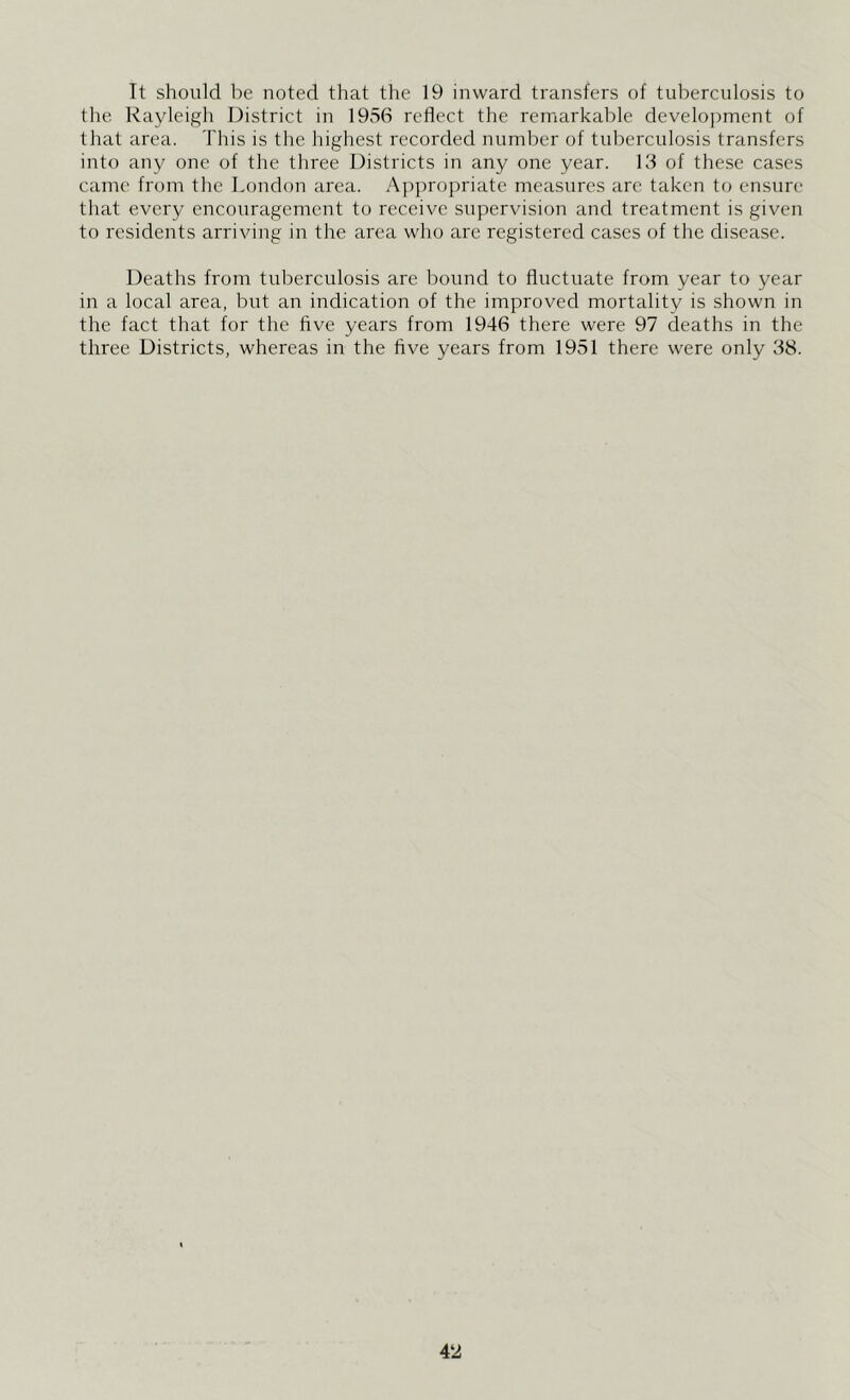 It should be noted that the 19 inward transfers of tuberculosis to the Rayleigh District in 1956 reflect the remarkable development of that area. This is the highest recorded number of tuberculosis transfers into any one of the three Districts in any one year. 13 of these cases came from the London area. Appropriate measures are taken to ensure that every encouragement to receive supervision and treatment is given to residents arriving in the area who are registered cases of the disease. Deaths from tuberculosis are bound to fluctuate from year to year in a local area, but an indication of the improved mortality is shown in the fact that for the five years from 1946 there were 97 deaths in the three Districts, whereas in the five years from 1951 there were only 38.