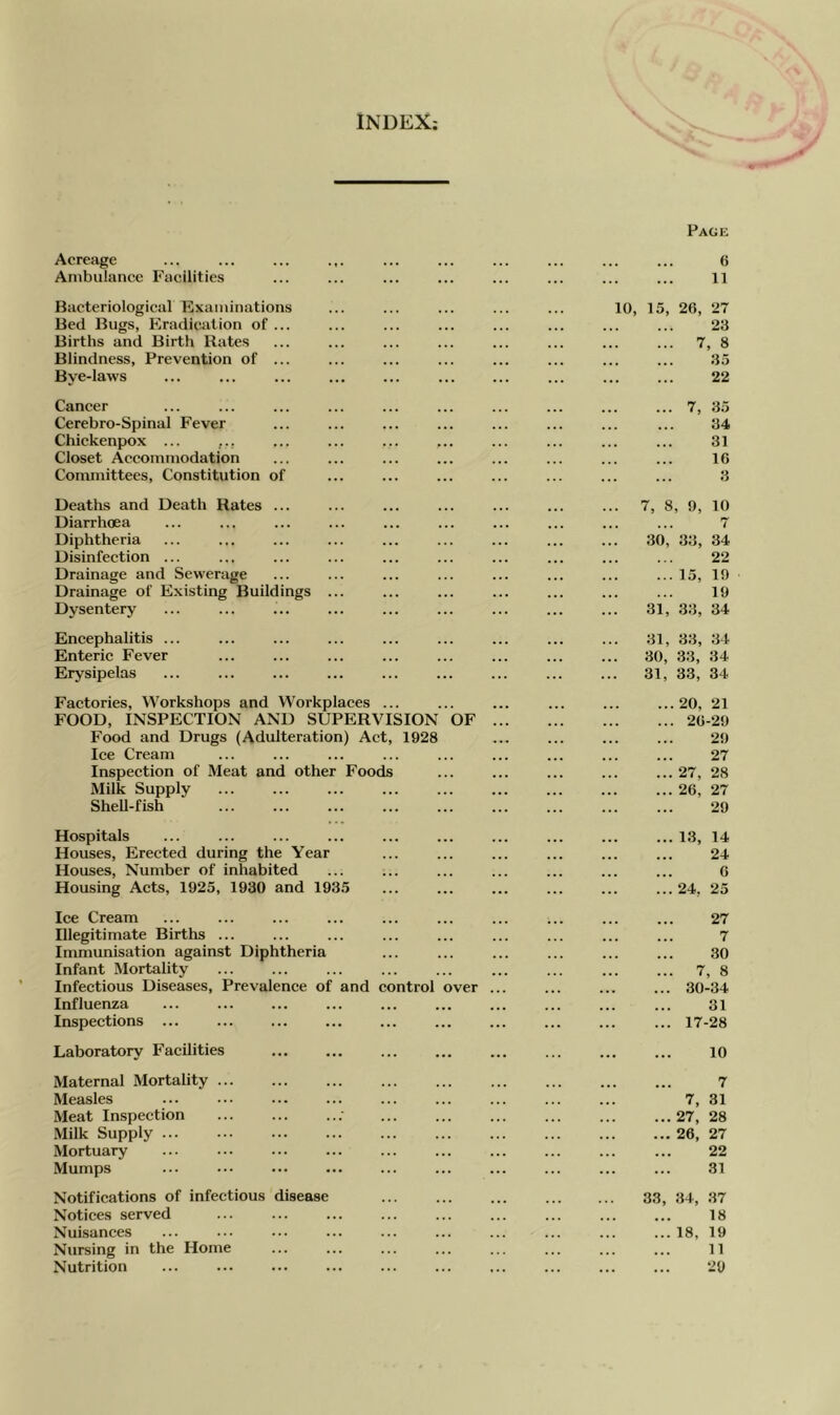 INDEX: Acreage Ambulance Facilities Bacteriological Examinations Bed Bugs, Eradication of ... Births and Birth Rates Blindness, Prevention of ... Bye-laws Cancer Cerebro-Spinal Fever Chickenpox ... Closet Accommodation Committees, Constitution of Deaths and Death Rates ... Diarrhoea Diphtheria Disinfection ... Drainage and Sewerage Drainage of Existing Buildings Dysentery Encephalitis ... Enteric Fever Erysipelas Factories, Workshops and Workplaces ... FOOD, INSPECTION AND SUPERVISION OF ... Food and Drugs (Adulteration) Act, 1928 Ice Cream Inspection of Meat and other Foods Milk Supply ... Shell-fish Hospitals Houses, Erected during the Year Houses, Number of inhabited Housing Acts, 1925, 1930 and 1935 Ice Cream Illegitimate Births ... Immunisation against Diphtheria Infant Mortality Infectious Diseases, Prevalence of Influenza Inspections ... and CO ntrol over Laboratory Facilities Maternal Mortality Measles Meat Inspection Milk Supply Mortuary ... Mumps ... Notifications of infectious disease Notices served Nuisances Nursing in the Home Nutrition Page 6 11 10, 15, 2fi, 27 23 ... 7, 8 35 22 ... 7, 35 34 31 16 3 . 7, 8, 9, 10 . ... 7 30, 33, 34 22 ... 15, 19 19 31, 33, 34 31, 33, 34 30, 33, 34 . 31, 33, 34 ...20, 21 ... 26-29 29 27 ... 27, 28 ... 26, 27 29 ... 13, 14 24 6 ... 24, 25 27 7 30 ... 7, 8 ... 30-34 31 ... 17-28 10 7 7, 31 ... 27, 28 ... 26, 27 22 31 33, 34, 37 18 ... 18, 19 11 29