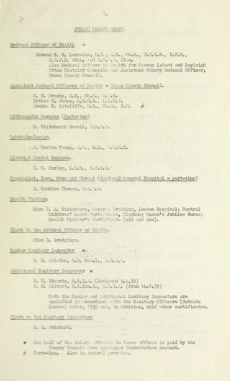 PUBLIC HEALTH STAFF. Medical Officer of Health - NormanS. R. Lorraine, ■ MiD., M.B., ■ Ch.B., F.R.S.E., D.P.H., R.C.P.S. Edin. and R.jf.F.S. Glas. Also Medical Officer of Health for Canvey Island and Rayleigh Urban District Councils and Assistant County Medical Officer, Essex County Council. Assistant Medical Officers of Health - Essex County Council. J. H. Crosby, M.B., Ch.B., D.P.H. Esther P. Jones, M.R.C.S., L.R.C.P. Jemima B. Ratcliffe, M.B., Ch.B., J.P. ^ Orthopaedic Surgeon (Part-time) B. Whitchurch Howell, F.R. C.S. )phthalmologist, . J. Horton Young, M.B., B.S., D.O.M.S. District Dental Surgeon. D. W. Hurley, L.D.S., R.P.P.S. ’ Specialist, Ears, Nose and Throat (Southend General Hospital -part-time) C. Hamblen Thomas, F.R.O.S. Health Visitor. Hiss ?. H. Richardson, • General Training, London Hospital; Central Midwives' Board Certificate, Clapham; Queen's Jubilee Nurse; Health Visitor's Certificate (old and new). Clerk to the Medical Officer of Health. Hiss D. Grudgings. Senior Sanitary Indpectcr js. - . . T. E. Colston, M.R. San.I., M.S.I.A. Additional Sanitary Inspector h P. H. Edwards, H.S.I.A. (Resigned 5»H«39) J. E. Gilbert, H.R.San.1., H.S.I.A. (From 12+..8.39) Both the Senior and Additional Sanitary Inspectors are qualified in accordance with, the Sanitary Officers (Outside Bonder.) Order, 1955’ and, in addition, hold other certificates Clerk to the Sanitary Inspectors R. D. Prichard. One half of the salary attached to these offices is paid by the County Council from Excnequer Contribution Account. Part-time. Alsc in general practice.