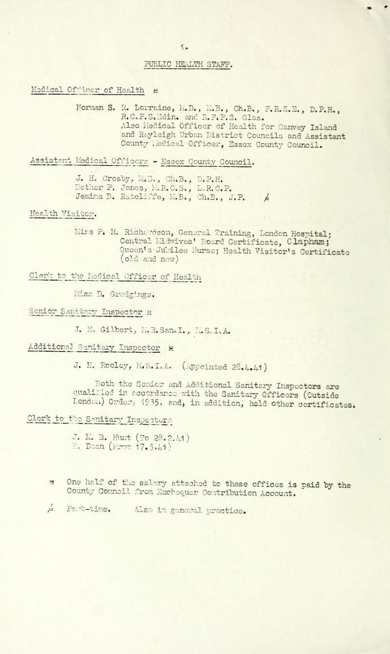 PUBLIC HEALTH STAFF. Medical Officer of Health h Homan S. R. Lorraine, H.D., H.B., Ch.B., F.R.S.E., D.P.H., R.C.P. S.Edin. and R.F.P.S. Glas. Also Medical Officer of Health for Canvey Island and Rayleigh Urban District Councils and .Assistant County medical Officer, Essex County Council. Assistant Medical Officers - Essex County Council. J. H. Crosby, ILL., Ch.B., D*P.H* Esther P, J ones, if. R. C. S., L. R. C.P. Jemma B. Ratcliff e, M.B., Ch.B., J.P. ^ Health Visitor. Miss P* M. Richardson, General Training, London Hospital; Central IHdwives' Board Certificate, Clapham; Queen’s•Jubilee Purse, Health Visitor's Certificate (old and new) Clerh to the Medical Officer of Health Miss D. Grudgings. Senior Sanitary Inspector x J. So Gilbert, HeR.SamI., MSH.A. Additional. Sanitary Inspector h J. E. Rooley, M.S.I.A. (Appointed 28.4.Ml) : oth tho Senior and Additional Sanitary Inspectors are qualified in accordance with the Sanitary Officers (Outside London) Order, and* in addition, hold other certificates. Clerk jostle Sanitary Inspect or, s J. M. 3. Emit (To 28.2 Jpl) ; ■> Bean (prom 17.3,41) One half oi tue salary attached to these offices is paid by the County Council from Exchequer Contribution Account. F Part-time. Also in general practice.