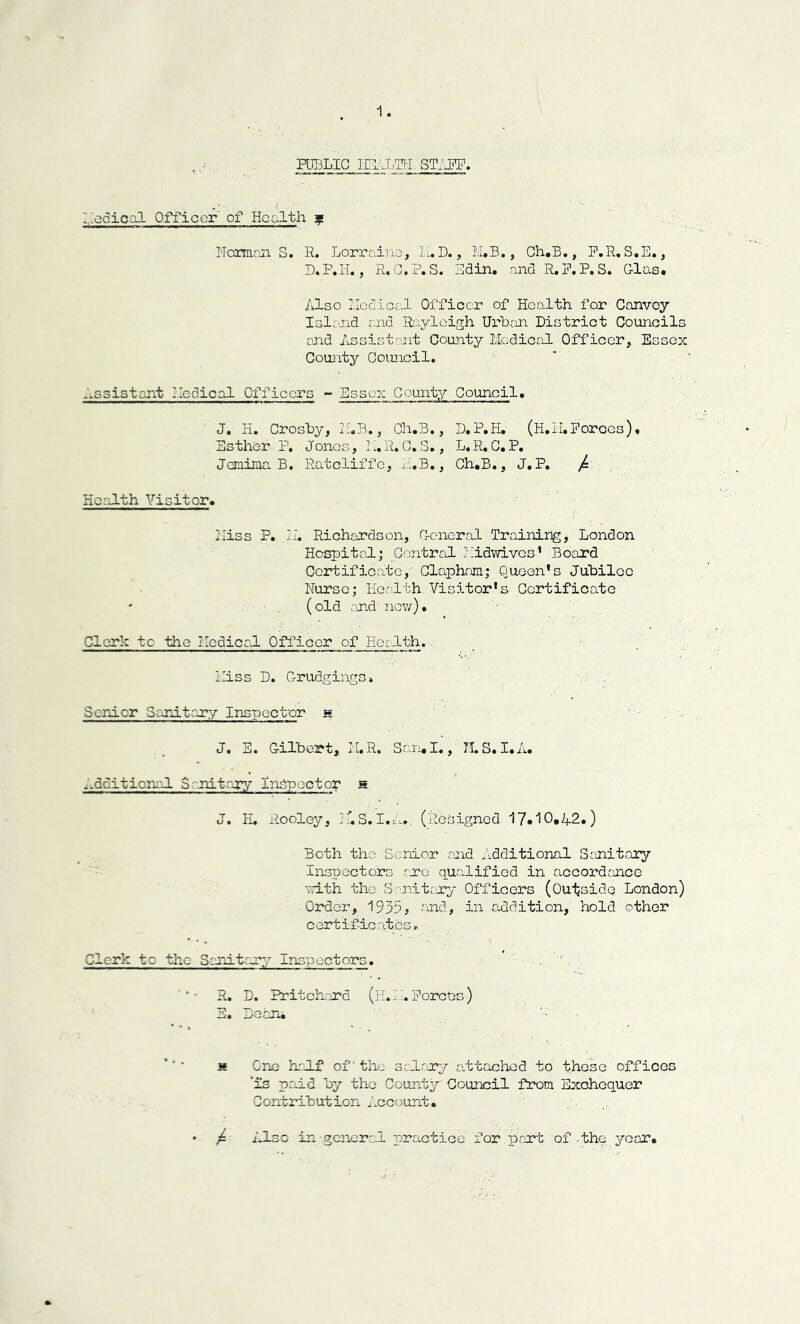 PUBLIC HEALTH STAFF. Medical Officer of Health $ Norman S. R. Lorraine, II. D., M.B., Ch.B., F.R. S.E., D. P.H., R. C. P. S. Edin. mid R. F. P. S. Glas. Also Hodical Officer of Health for Convoy Island and Rayleigh Urban District Councils and Assistant County Medical Officer, Essex County Council. ■Insistent Medical Officers - Essex County Council. J. H. Croshy, M.B., Ch.B., D.P.H.. (H. II. Forces). Esther P. Jones, M. R. C. S., L. R. C. P. Jemima B. Ratcliffc, 11,B., Ch.B., J.P. jL HcrJLth Visitor. Miss P. H. Richardson, General Training, London Hospital; Central Midwives’ Board Certificate, Claphnm; Queen’s Jubilee Nurse; Health Visitor’s Certificate (old and now). Clerk tc the Medical Officer o_f' Health. Miss D. Grudgings. Senior Sanitary Inspector h J. E. Gilbert, M.R. San.I., H.S.I.A. ..dcitional Sanitary inspect op a J. H. Rooley, n.S. I.A., (Resigned 17*10,42.) Both the Senior and Additional Sanitary Inspectors are qualified in accordance with the Sanitary Officers (Outside London) Order, 1935? and, in addition, hold other certificates. Clerk tc the Sanitary Inspectors. R. D. Pritchard (H. II. Forces) E. Beam One half of the salary attached to these offices ‘is paid by the County Council from Exchequer Contribution Account. Also in general practice for part of .the year.