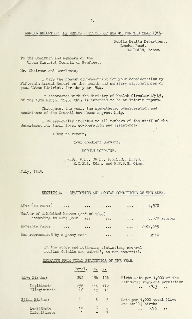 1 ANNUAL REPORT Of THE MEDICAL OFFICER OF HEALTH FOR THE YEAR 1944* Public Health Department, London Road, HADLEIGH, Essex. To the Chairman and Members of the Urban District Council of Benfleet. Mr. Chairman and Gentlemen, I have the honour of presenting for your Consideration my Fifteenth Annual Report on the health and sanitary circumstances of your Urban District, for the year 1944- In accordance with the Ministry of Health Circular 49/45> of the 19th March, 1945> this is intended to be an interim report. Throughout the year, the sympathetic consideration and assistance of the Council have been a great help. I am especially indebted to all members of the staff of the department for their loyal co-operation and assistance. I beg to remain, Your obedient Servant, NORMAN LORRAINE. M.D., M.B., Ch.B., F.R.S.E. , D.P.H., R.C.P.S. Edin. and R.F,P. S. Glas. July, 1945* SECTION A. STATISTICS AND SOCIAL CONDITIONS OF THE AREA. Area (in acres) ... ... ... ... 6,370 Number of inhabited houses (end of 1944) according to Rate Book . • • • • • ... 5$570 approx. Rateable Value • • • • • t • • * ... £108,295 Sum represented by a penny rate • • • ... £410 In the above and following statistics, several routine details are emitted as non-essential. EXTRACTS FROM VITAL STATISTICS OF THE YEAR. Total. I/I# Th Live Births: 282 236 156 126 Birth Rate per 1,000 of the estimated resident population .Legitimate 144 112 .. 17.3 .. Illegitimate 26 12 14 Still Births ; 11 6 5 Rate per 1,000 total (live and still) births Legitimate 10 6 4 .. 37.5 .. Illegitimate 1 - 1