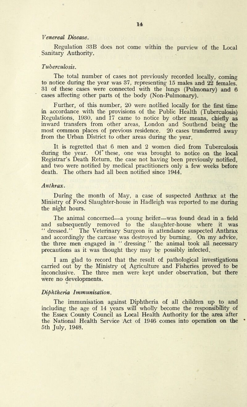 Venereal Disease. Regulation 33B does not come within the purview of the Local Sanitary Authority. Tuberculosis. The total number of cases not previously recorded locally, coming to notice during the year was 37, representing 15 males and 22 females. 31 of these cases were connected with the lungs (Pulmonary) and 6 cases affecting other parts of the body (Non-Pulmonaiy). Further, of this number, 20 were notified locally for the first time in accordance with the provisions of the Public Health (Tuberculosis) Regulations, 1930, and 17 came to notice by other means, chiefly as inward transfers from other areas, London and Southend being the most common places of previous residence. 20 cases transferred away from the Urban District to other areas during the year. It is regretted that 6 men and 2 women died from Tuberculosis during the year. Of' these, one was brought to notice on the local Registrar's Death Return, the case not having been previously notified, and two were notified by medical practitioners only a few weeks before death. The others had all been notified since 1944. Anthrax. During the month of May, a case of suspected Anthrax at the Ministry of Food Slaughter-house in Hadleigh was reported to me during the night hours. The animal concerned—a young heifer—was found dead in a field and subsequently removed to the slaughter-house where it was “ dressed. The Veterinary Surgeon in attendance suspected Anthrax and accordingly the carcase was destroyed by burning. On my advice, the three men engaged in “ dressing  the animal took all necessary precautions as it was thought they may be possibly infected. I am glad to record that the result of pathological investigations carried out by the Ministry of Agriculture and Fisheries proved to be inconclusive. The three men were kept under observation, but there were no developments. Diphtheria Immunisation. The immunisation against Diphtheria of all children up to and including the age of 14 years will wholly become the responsibility of the Essex County Council as Local Health Authority for the area after the National Health Service Act of 1946 comes into operation on the * 5th July, 1948.