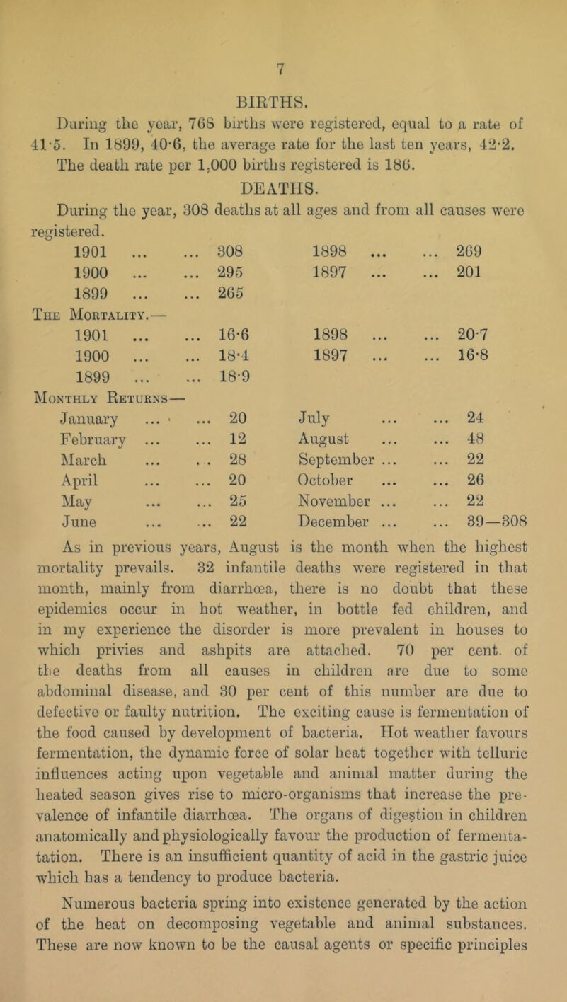 BIRTHS. During the year, 768 births were registered, equal to a rate of 41-5. In 1899, 40'6, the average rate for the last ten years, 42-2. The death rate per 1,000 births registered is 186. DEATHS. During the year, 308 deaths at all ages and from all causes were registered. 1901 ... ... 308 1898 ... ... 269 1900 ... ... 295 1897 ... ... 201 1899 ... ... 265 The Mortality.— 1901 ... ... 16-6 1898 ... ... 20-7 1900 ... ... 18-4 1897 ... ... 16-8 1899 ... ... 18-9 Monthly Returns- Januai’y ... • ... 20 July ... 24 February ... ... 12 August ... 48 March . . 28 September .. ... 22 April ... 20 October ... 26 May ... 25 November .. ... 22 June ... 22 December .. ... 39—308 As in previous years, August is the month when the highest mortality prevails. 32 infantile deaths were registered in that month, mainly from diarrhoea, there is no doubt that these epidemics occur in hot weather, in bottle fed children, and in my experience the disorder is more prevalent in houses to which privies and ashpits are attached. 70 per cent, of the deaths from all causes in children are due to some abdominal disease, and 30 per cent of this number are due to defective or faulty nutrition. The exciting cause is fermentation of the food caused by development of bacteria. Hot weather favours fermentation, the dynamic force of solar heat together with telluric influences acting upon vegetable and animal matter during the heated season gives rise to micro-organisms that increase the pre- valence of infantile diarrhoea. The organs of digestion in children anatomically and physiologically favour the production of fermenta- tation. There is an insufficient quantity of acid in the gastric juice which has a tendency to produce bacteria. Numerous bacteria spring into existence generated by the action of the heat on decomposing vegetable and animal substances. These are now known to be the causal agents or specific principles