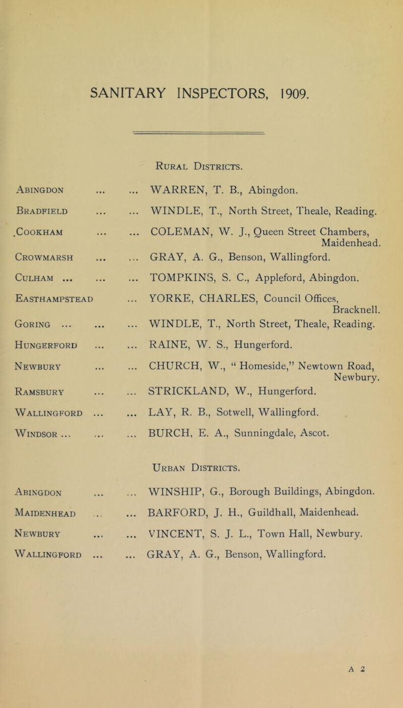 SANITARY INSPECTORS, 1909. Rural Districts. Abingdon WARREN, T. B., Abingdon. Bradfield WINDLE, T., North Street, Theale, Reading. .CoOKHAM ... COLEMAN, W. J., Queen Street Chambers, Maidenhead. Crowmarsh ... GRAY, A. G., Benson, Wallingford. CuLHAM ... ... TOMPKINS, S. C., Appleford, Abingdon. Easthampstead ... YORKE, CHARLES, Council Offices, Bracknell. Goring ... ... WINDLE, T., North Street, Theale, Reading. Hungerford ... RAINE, W. S., Hungerford. Newbury Ramsbury CHURCH, W., “ Homeside,” Newtown Road, Newbury. ... STRICKLAND, W., Hungerford. Wallingford ... ... LAY, R. B., Sotwell, Wallingford. Windsor ... BURCH, E. A., Sunningdale, Ascot. Urban Districts. Abingdon WINSHIP, G., Borough Buildings, Abingdon. Maidenhead ... BARFORD, J. H., Guildhall, Maidenhead. Newbury ... VINCENT, S. J. L., Town Hall, Newbury. Wallingford ... ... GRAY, A. G., Benson, Wallingford. A 2