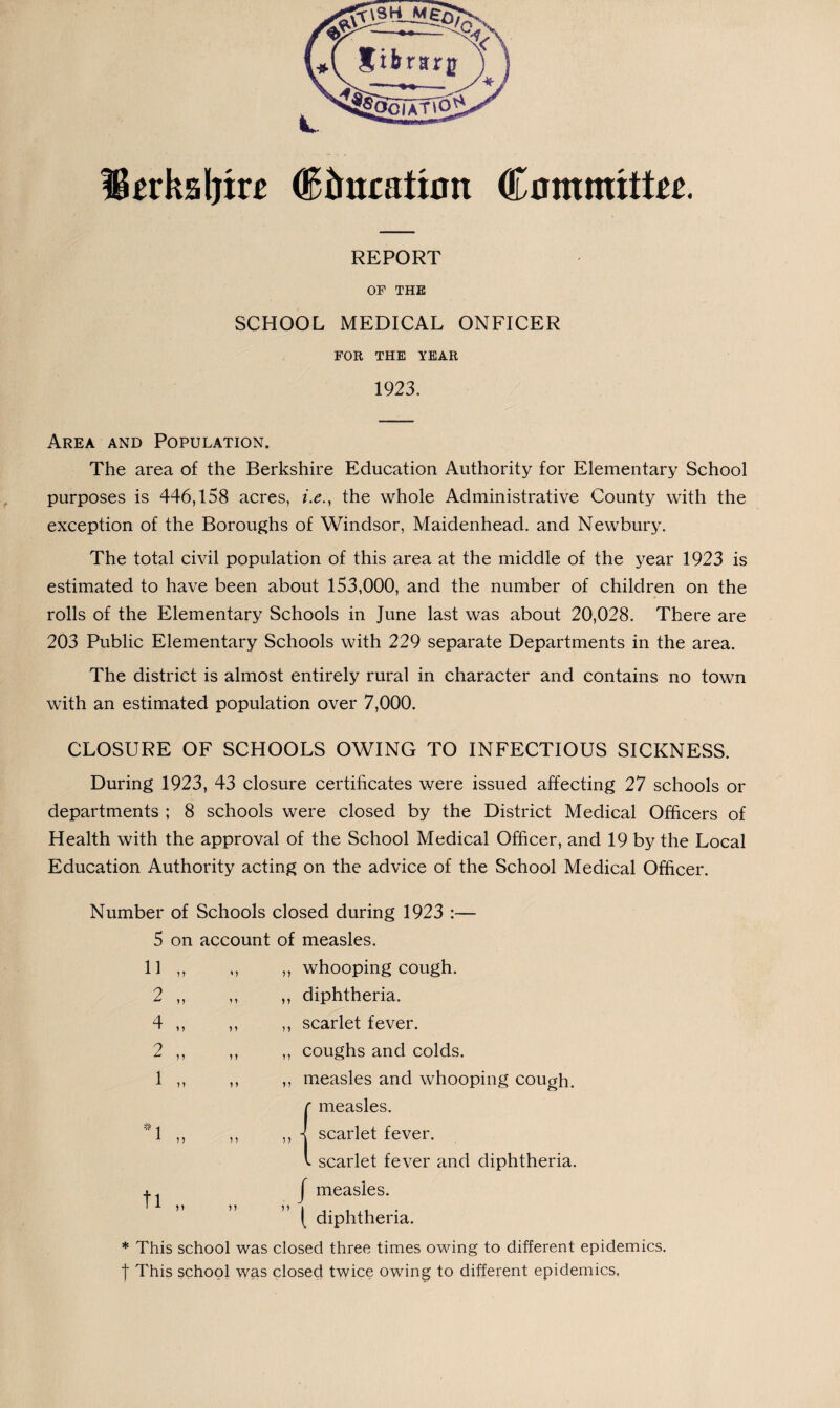 IB^rkaljirr (Bkucatum Committee. REPORT OP THE SCHOOL MEDICAL ONFICER FOR THE YEAR 1923. Area and Population. The area of the Berkshire Education Authority for Elementary School purposes is 446,158 acres, i.e., the whole Administrative County with the exception of the Boroughs of Windsor, Maidenhead, and Newbury. The total civil population of this area at the middle of the year 1923 is estimated to have been about 153,000, and the number of children on the rolls of the Elementary Schools in June last was about 20,028. There are 203 Public Elementary Schools with 229 separate Departments in the area. The district is almost entirely rural in character and contains no town with an estimated population over 7,000. CLOSURE OF SCHOOLS OWING TO INFECTIOUS SICKNESS. During 1923, 43 closure certificates were issued affecting 27 schools or departments ; 8 schools were closed by the District Medical Officers of Health with the approval of the School Medical Officer, and 19 by the Local Education Authority acting on the advice of the School Medical Officer. Number of Schools closed during 1923 :— 5 on account of measles. 11 2 4 2 1 tl n 77 77 7 7 77 '7 7 7 7 7 77 ,, whooping cough. ,, diphtheria. ,, scarlet fever. ,, coughs and colds. ,, measles and whooping cough, measles, scarlet fever. scarlet fever and diphtheria. J measles. [ diphtheria. 7 7 7 7 * This school was closed three times owing to different epidemics. | This school was closed twice owing to different epidemics,