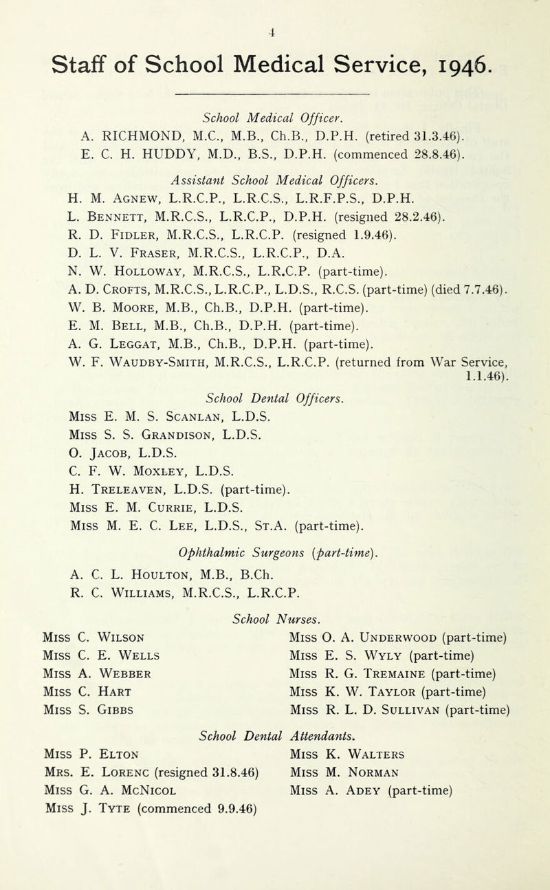 Staff of School Medical Service, 1946. School Medical Officer. A. RICHMOND, M.C., M.B., Ch.B., D.P.H. (retired 31.3.46). E. C. H. HUDDY, M.D., B.S., D.P.H. (commenced 28.8.46). Assistant School Medical Officers. H. M. Agnew, L.R.C.P., L.R.C.S., L.R.F.P.S., D.P.H. L. Bennett, M.R.C.S., L.R.C.P., D.P.H. (resigned 28.2.46). R. D. Fidler, M.R.C.S., L.R.C.P. (resigned 1.9.46). D. L. V. Fraser, M.R.C.S., L.R.C.P., D.A. N. W. Holloway, M.R.C.S., L.R.C.P. (part-time). A. D. Crofts, M.R.C.S., L.R.C.P., L.D.S., R.C.S. (part-time) (died 7.7.46). W. B. Moore, M.B., Ch.B., D.P.H. (part-time). E. M. Bell, M.B., Ch.B., D.P.H. (part-time). A. G. Leggat, M.B., Ch.B., D.P.H. (part-time). W. F. Waudby-Smith, M.R.C.S., L.R.C.P. (returned from War Service, 1.1.46). School Dental Officers. Miss E. M. S. Scanlan, L.D.S. Miss S. S. Grandison, L.D.S. O. Jacob, L.D.S. C. F. W. Moxley, L.D.S. H. Treleaven, L.D.S. (part-time). Miss E. M. Currie, L.D.S. Miss M. E. C. Lee, L.D.S., St.A. (part-time). Ophthalmic Surgeons (part-time). A. C. L. Houlton, M.B., B.Ch. R. C. Williams, M.R.C.S., L.R.C.P. School Nurses. Miss O. A. Underwood (part-time) Miss E. S. Wyly (part-time) Miss R. G. Tremaine (part-time) Miss K. W. Taylor (part-time) Miss R. L. D. Sullivan (part-time) School Dental Attendants. Miss P. Elton Miss K. Walters Mrs. E. Lorenc (resigned 31.8.46) Miss M. Norman Miss G. A. McNicol Miss A. Adey (part-time) Miss J. Tyte (commenced 9.9.46) Miss C. Wilson Miss C. E. Wells Miss A. Webber Miss C. Hart Miss S. Gibbs