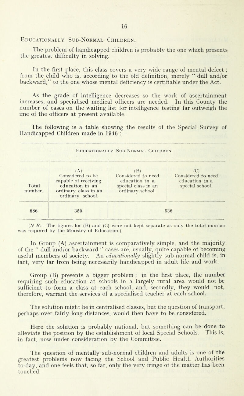 Educationally Sub-Normal Children. The problem of handicapped children is probably the one which presents the greatest difficulty in solving. In the first place, this class covers a very wide range of mental defect ; from the child who is, according to the old definition, merely “ dull and/or backward,” to the one whose mental deficiency is certifiable under the Act. As the grade of intelligence decreases so the work of ascertainment increases, and specialised medical officers are needed. In this County the number of cases on the waiting list for intelligence testing far outweigh the ime of the officers at present available. The following is a table showing the results of the Special Survey of Handicapped Children made in 1946 :— Educationally Sub-Normal Children. (B) (C) Considered to be Considered to need Considered to need capable of receiving education in a education in a Total education in an special class in an special school. number. ordinary class in an ordinary school. ordinary school. 886 350 536 {N.B.—The figures for (B) and (C) were not kept separate as only the total number was required by the Ministry of Education.) In Group (A) ascertainment is comparatively simple, and the majority of the “ dull and/or backward ” cases are, usually, quite capable of becoming useful members of society. An educationally slightly sub-normal child is, in fact, very far from being necessarily handicapped in adult life and work. Group (B) presents a bigger problem ; in the first place, the number requiring such education at schools in a largely rural area would not be sufficient to form a class at each school, and, secondly, they would not, therefore, warrant the services of a specialised teacher at each school. The solution might be in centralised classes, but the question of transport, perhaps over fairly long distances, would then have to be considered. Here the solution is probably national, but something can be done to alleviate the position by the establishment of local Special Schools. This is, in fact, now under consideration by the Committee. The question of mentally sub-normal children and adults is one of the greatest problems now facing the School and Public Health Authorities to-day, and one feels that, so far, only the very fringe of the matter has been touched.