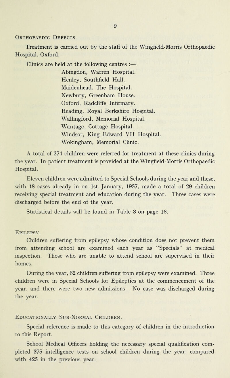 Orthopaedic Defects. Treatment is carried out by the staff of the Wingfield-Morris Orthopaedic Hospital, Oxford. Clinics are held at the following centres :— Abingdon, Warren Hospital. Henley, Southfield Hall. Maidenhead, The Hospital. Newbury, Greenham House. Oxford, Radcliffe Infirmary. Reading, Royal Berkshire Hospital. Wallingford, Memorial Hospital. Wantage, Cottage Hospital. Windsor, King Edward VII Hospital. Wokingham, Memorial Clinic. A total of 274 children were referred for treatment at these clinics during the year. In-patient treatment is provided at the Wingfield-Morris Orthopaedic Hospital. Eleven children were admitted to Special Schools during the year and these, with 18 cases already in on 1st January, 1957, made a total of 29 children receiving special treatment and education during the year. Three cases were discharged before the end of the year. Statistical details will be found in Table 3 on page 16. Epilepsy. Children suffering from epilepsy whose condition does not prevent them from attending school are examined each year as “Specials” at medical inspection. Those who are unable to attend school are supervised in their homes. During the year, 62 children suffering from epilepsy were examined. Three children were in Special Schools for Epileptics at the commencement of the year, and there were two new admissions. No case was discharged during the year. Educationally Sub-Normal Children. Special reference is made to this category of children in the introduction to this Report. School Medical Officers holding the necessary special qualification com- pleted 375 intelligence tests on school children during the year, compared with 425 in the previous year.