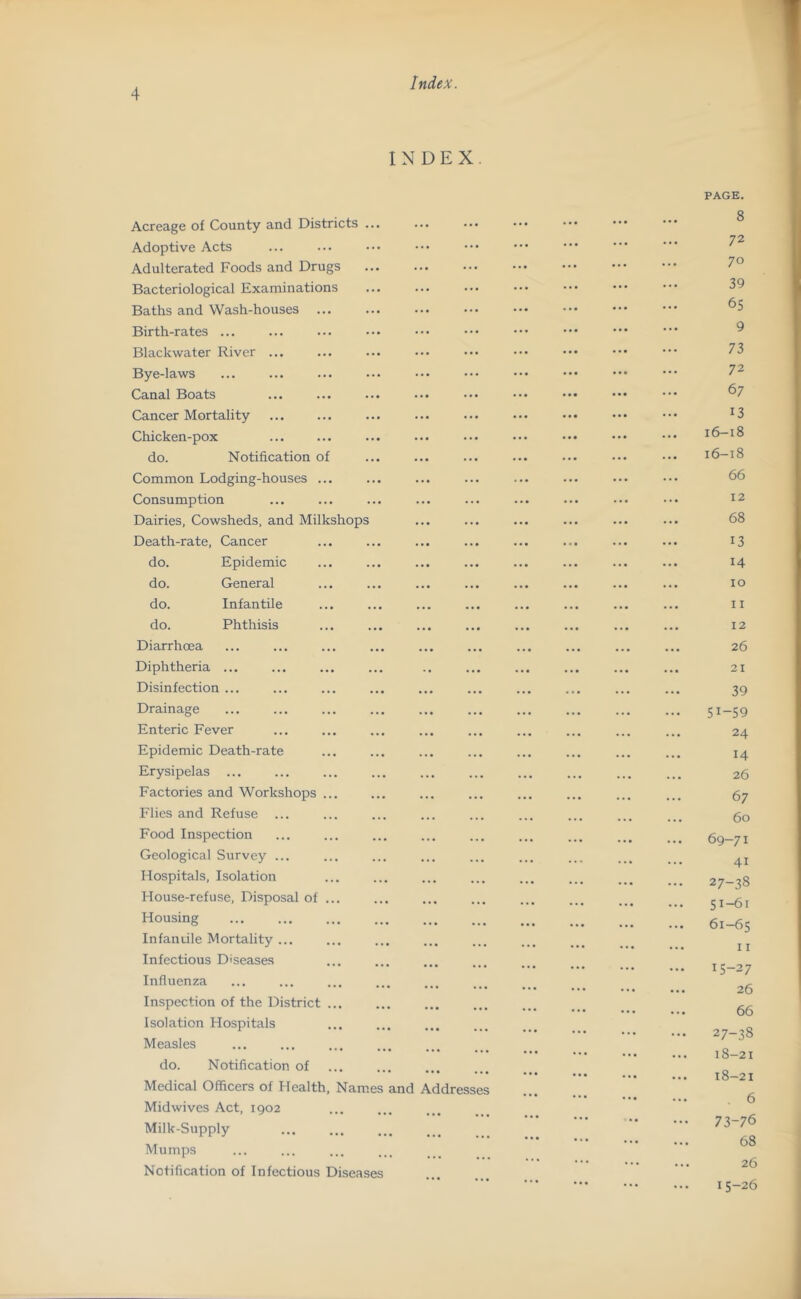 INDEX, Acreage of County and Districts . Adoptive Acts Adulterated Foods and Drugs Bacteriological Examinations Baths and Wash-houses ... Birth-rates ... Blackwater River ... Bye-laws Canal Boats Cancer Mortality Chicken-pox do. Notification o Common Lodging-houses Consumption Dairies, Cowsheds, and Milkshops Death-rate, Cancer do. Epidemic do. General do. Infantile do. Phthisis Diarrhoea Diphtheria ... Disinfection ... Drainage Enteric Fever Epidemic Death-rate Erysipelas ... Factories and Workshops ... Flies and Refuse Food Inspection Geological Survey ... Hospitals, Isolation House-refuse, Disposal of ... Housing Infaniile Mortality ... Infectious Diseases Influenza Inspection of the District ... Isolation Hospitals Measles do. Notification of Medical Officers of Health Midwives Act, 1902 Milk-Supply Mumps Notification of Infectious Nam and Diseases Addresses PAGE. 8 72 70 39 65 9 73 72 67 13 16-18 16-18 66 12 68 13 14 10 11 12 26 21 39 51-59 24 14 26 67 60 69-71 41 27-38 51-61 61-65 11 15-27 26 66 27-38 18-21 18-21 , 6 73-76 68 26 I 5-26